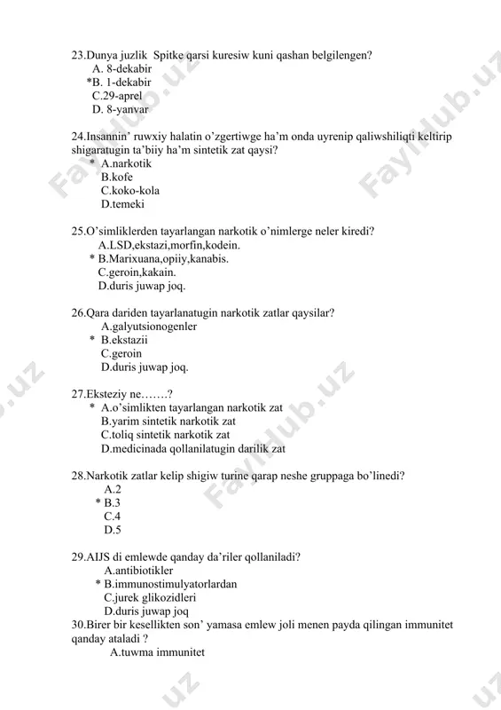 siw kuni qashan? a.10-sentiyabir b.1-oktiyabir c.10-yanvar * d.1-dekabir 43.aijv qanday hallarda adamga juqpaydi? a.anadan balaga b.uliwma asbablar qollanilganda * c.qushaqlasip koriskende d.qan preparatlarin qollanganda 44.aijs keselliginin’ qozgatiwshisin kimler ha’m qashan aniqlagan? a.v.i.sukachev. v.i.verdaniskiy 1862-jili b.e.zyus. k.kox. 1935 * c.r.gallo. l.montane. 1983-jil d.k.lerua. t.vilyamis. 1960-jil 45. aijs keselligin en’ birinshi neshinshi jili ha’m qay jerde aniqlagan? a.1980-jil angliyada b.1981-jil amerikada c.1982-rossiyada * d.1983-jil afrikada 46.aijs keselliginin’ qozgatiwshisi ne? * a.retroviruslar b.kox tayaqshalari c.vibrionlar d.bakteriyalar 47.so’ylew neshe turge bo’linedi? a.3 turge b.4 turge * c.2 turge d.6 turge 48.sirtqi so’ylewdin’ ozi neshege bolinedi? * a.4 turge b.2 turge c.5 turge d.3 turge 49.afaziya so’zinin’ ma’nisi qanday? a.qozgalis b.soylew * c.inkar,qosimsha,piker d.buzilis 50.afaziya dep nege aytamiz? * a.soyle almaw,soylew qabiletinin’ buziliwi b.hareketlerdin buziliwi c.so’zlerdi hariplap aytiw d.duris juwap joq 51.afaziyanin’ neshe turi bar? a.5 b.6 * c.4 d.3 52.nawqas soylemekshi bolganda so’zlerdi tawa almasliq qaysi afaziyaga kiredi? * a.motor afaziya b.sensor afaziya c.amnestik …