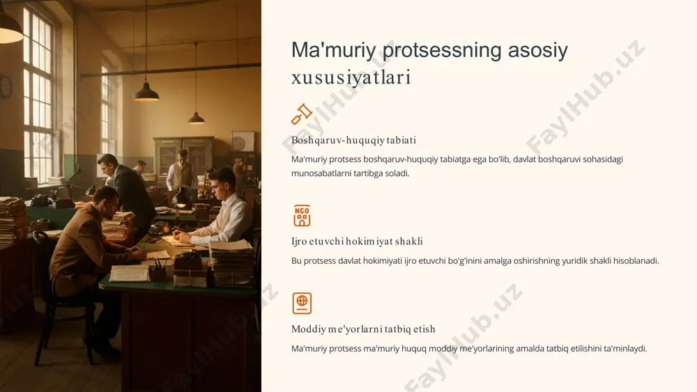 axsus qonunlar, jumladan "ma'muriy tartib-taomillar to'g'risida"gi qonun ma'muriy protsessning huquqiy asoslarini tashkil etadi. 3 qonunosti hujjatlar prezident farmonlari, vazirlar mahkamasining qarorlari va boshqa normativ-huquqiy hujjatlar ma'muriy protsessning huquqiy asoslarini yanada mustahkamlaydi. ma'muriy protsessning sub'ektlari davlat boshqaruv organlari vazirliklar, davlat qo'mitalari va boshqa markaziy hamda mahalliy ijro etuvchi hokimiyat organlari ma'muriy protsessning asosiy sub'ektlari hisoblanadi. ma'm uriy sudlar ma'muriy sudlar ma'muriy-huquqiy nizolarni ko'rib chiqish va hal etishda muhim rol o'ynaydi. fuqarolar va yuridik shaxslar fuqarolar va yuridik shaxslar ma'muriy protsessning ishtirokchilari sifatida o'z huquq va manfaatlarini himoya qilish uchun ishtirok etadilar. ma'muriy protsessning tamoyillari 1 qonuniylik ma'muriy protsess qonun ustuvorligi tamoyiliga asoslanadi. barcha harakatlar va qarorlar qonun doirasida amalga oshirilishi shart. 2 oshkoralik ma'muriy protsess ochiq va shaffof tarzda olib borilishi kerak. bu jamoatchilik nazoratini ta'minlashga xizmat qiladi. 3 adolatlilik ma'muriy protsessda barcha ishtirokchilarning huquq va manfaatlari teng himoya qilinishi lozim. 4 sam aradorlik ma'muriy protsess maqsadga muvofiq va samarali tarzda …