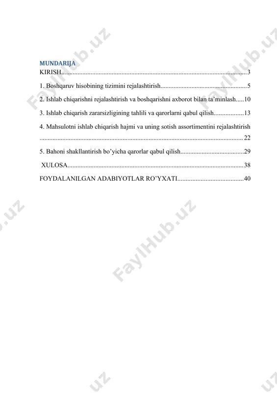 marali islohotlar natijasida yuridik shaxslarning eksport salohiyati rivojlanadi, yurtimizda qo’shma korxonalar salmog’i ortadi, yangi sanoat korxonalarini qurish, xizmat ko’rsatish ob‘ektlarini ishga tushirish rivojalanadi. oldimizga qo’yilgan bunday dolzarb masalalarni echishda, makroiqtisodiy barqarorlikni mustahkamlash va yuqori iqtisodiy o’sish sur‘atlarini saqlab qolishda, milliy iqtisodiyotning raqobatbardoshligini oshirishda malakali kadrlar hamda mutaxassislar etakchi o’rinni egallaydi. o`zbekiston respublikasi prezidenti shavkat mirziyoyevning oliy majlisga 2017 yilda amalga oshirilgan asosiy ishlar yakuni va o`zbekiston respublikasini 2018 yilda ijtimoiy-iqtisodiy rivojlantirishning eng ustivor yo`nalishlariga bag`ishlangan murojaatnomasi.2017 yil 22 dekabr. bu esa o’z-o’zidan boshqaruv hisobi sohasida ulkan vazifalarni yuzaga keltiradi. mamlakatimizda bozor iqtisodiyoti taraqqiy etgan mamlakatlar tajribasini inobatga olgan holda boshqaruv hisobi, hisobot va nazoratning milliy tizimi shakllandi va rivojlanmoqda. o’zbekistonda xususiy mulk huquqini himoya qilish va uning ustuvor mavqeini yanada kuchaytirish jarayonlari samaradorligini ta‘minlash maqsadida boshqaruv hisobini tashkil qilish xalqaro standartlar darajasida bo’lishini taqozo qiladi. bu esa kurs ishining dolzarbilingini belgilaydi. kurs ishining nazariy-amaliy axamiyati. mamlakatimizda iqtisodiyotni tarkibiy o`zgartirish va …
