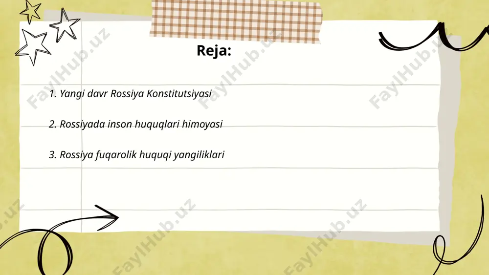 ‘zgarishlari kiritildi. jumladan, mulk huquqi bo‘yicha yangi qoida joriy etilib, unda ko‘chmas mulk oldi-sotdisi jarayonlari soddalashtirildi va elektron ro‘yxatdan o‘tish tizimi kengaytirildi. bundan tashqari, fuqarolik protsessual qonunchiligida o‘zgarishlar kiritilib, sud jarayonlarining davomiyligi qisqartirildi. shuningdek, manzillashtirish bo‘yicha yangi standartlar qabul qilinib, elektron hukumat tizimleri orqali fuqarolarga qulay imkoniyatlar yaratildi. 2023-yilgi statistik ma’lumotlarga ko‘ra, fuqarolik da’volari soni 15% ga oshgan, bu esa sud tizimiga bo‘lgan ishonchning oshayotganini ko‘rsatadi. fuqarolik huquqi sohasidagi bu o‘zgarishlar yurisdiktsiya samaradorligini yanada oshirishga qaratilgan. ... t.me/slaydai_bot 4. rossiya ma'muriy huquqi rossiya ma'muriy huquqi sohasi iqtisodiy va ijtimoiy munosabatlarni tartibga solishga qaratilgan qonunlar to'plamini o'z ichiga oladi. ushbu huquqiy tizim federal darajadagi normativ-huquqiy aktlar, konstitutsiya, kodekslar va boshqa qonunlardan tashkil topgan. rossiyada ma'muriy huquqbuzarliklar ma'muriy huquqbuzarlik to'g'risidagi kodeks orqali tartibga solinadi. 2020-yilgi ma'lumotlarga ko'ra, rossiyada taxminan 3 million ma'muriy huquqbuzarlik qayd etilgan. ma'muriy huquqbuzarliklar uchun jazo sifatida jarimalar, ogohlantirishlar va ma'muriy hibsga olish qo'llaniladi. 2022-yilda ma'muriy jarimalarning umumiy miqdori …
