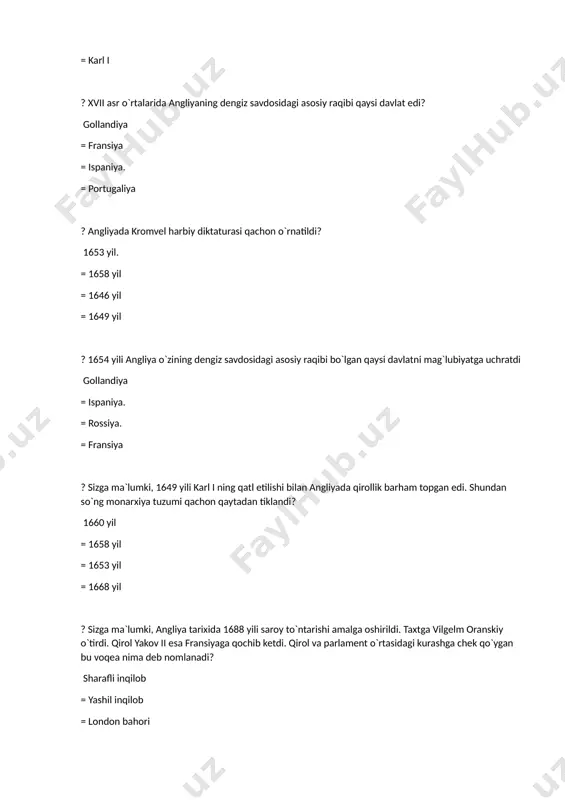 angliyada sanoat inqilobi dastlab qaysi sohada yuz berdi? to`qimachilik = og`ir sanoat = oziq-ovqat sanoati = qurolsozlik ? 1733 yili to`quv dastgohini ixtiro qilgan shaxsni toping jon key = t.modsli = jeyms uayt = edmund kartrayt ? 1775 yilda bug` mashinasi yaratilganligi ma`lum. ushbu ixtiro kim tomonidan amalga oshirilganligini aniqlang jeyms uayt = jon uilkinson = t.modsli = jon key ? dunyodagi birinchi cho`yan ko`prik qachon ixtiro qilingan edi? 1779 yil = 1716 yil. = 1707 yil = 1786 yil ? senat so'zining ma'nosi nima? oqsoqollar kengashi = boshqaruv san'ati. = umumiy ish = kengash. ? 1765 yilda tuzilgan «ozodlik farzandlari» deb ataluvchi tashkilot kimlar tomonidan tuzilgan edi? amerikalik inglizlar = fransuzlar = afrikalik negrlar. = hindular ? respublika so'zining ma'nosi nima? umumiy ish = jamoa majlisi = xalq kengashi = oqsoqollar kengashi ? mustamlakalardagi yevropaliklarning amerika g`arbiga siljishini taqiqlovchi qarorni ingliz qiroli qaysi yili chiqardi? 1763 yil = 1765 …