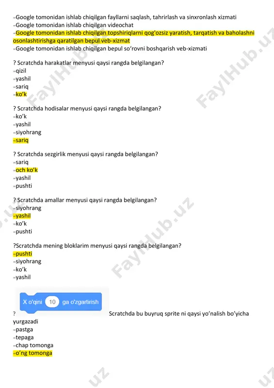 ish va tahrirlash matn muharriri =google tomonidan ishlab chiqilgan prezentatsiyalarni yaratish va tahrirlash tizimi =google tomonidan ishlab chiqilgan elektron jadvallarni yaratish va tahrirlash tizimi ? google tizimida bu funksiyaning vazifasi … muslim vfx пишущая машинка to'g'ri muslim vfx пишущая машинка to'g'ri muslim vfx пишущая машинка to'g'ri muslim vfx пишущая машинка to'g'ri muslim vfx пишущая машинка to'g'ri user подсвеченный user подсвеченный user подсвеченный user подсвеченный user подсвеченный =google tomonidan ishlab chiqilgan fayllarni saqlash, tahrirlash va sinxronlash xizmati =google tomonidan ishlab chiqilgan videochat =google tomonidan ishlab chiqilgan topshiriqlarni qog'ozsiz yaratish, tarqatish va baholashni osonlashtirishga qaratilgan bepul veb-xizmat =google tomonidan ishlab chiqilgan bepul so‘rovni boshqarish veb-xizmati ? scratchda harakatlar menyusi qaysi rangda belgilangan? =qizil =yashil =sariq =ko’k ? scratchda hodisalar menyusi qaysi rangda belgilangan? =ko’k =yashil =siyohrang =sariq ? scratchda sezgirlik menyusi qaysi rangda belgilangan? =sariq =och ko’k =yashil =pushti ? scratchda amallar menyusi qaysi rangda belgilangan? =siyohrang =yashil =ko’k =pushti ?scratchda mening …