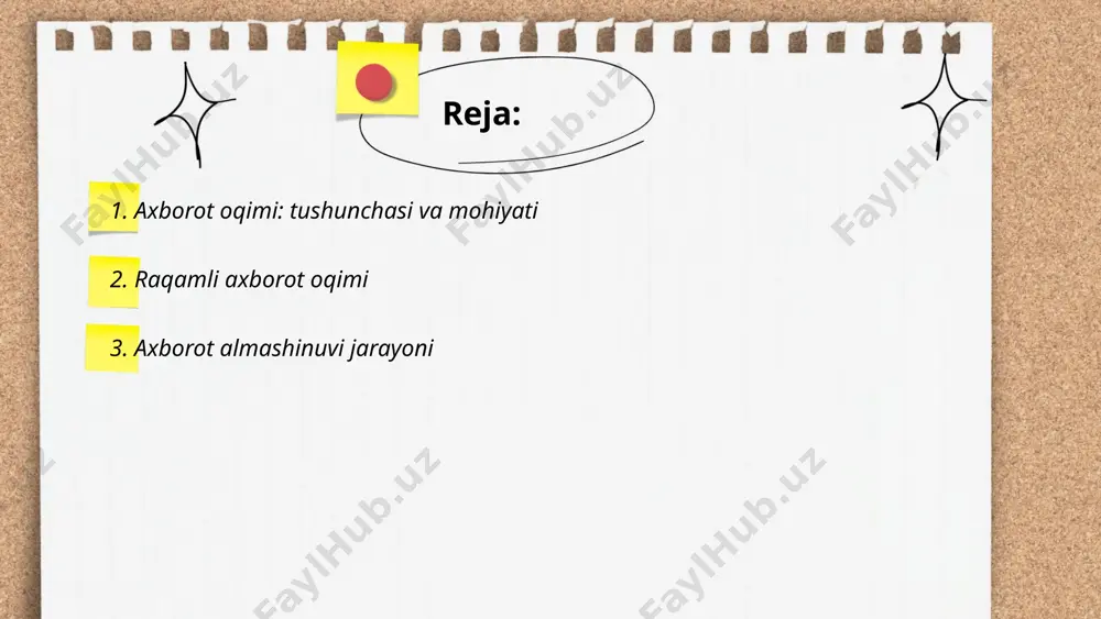 ari soni 27 milliondan oshgan, bu esa aholining taxminan 75% ni tashkil etadi. axborot almashinuvi xizmatlaridan bir kunlik foydalanish hajmi mobil tarmoqlarda o'rtacha 8 petabaytga yetadi. axborot xavfsizligi ham muhim ahamiyatga ega bo'lib, 2022-yilda kiberxavfsizlikka oid hodisalar soni 30% ga oshgan. aloqa sifati va tezligi olish uchun tarmoq infratuzilmasida yangi 5g texnologiyalari joriy qilinmoqda. ... t.me/slaydai_bot axborot oqimi boshqaruvi — bu tashkilotlar ichida va tashqarisidagi ma'lumotlarning oqimini samarali ravishda boshqarish jarayonidir. u kompaniyaning resurslarni to'g'ri taqsimlashiga yordam beradi. bir tadqiqotga ko'ra, samarali axborot boshqaruvi tashkilotlarda ishlab chiqarishni 20% ga oshirishi mumkin. yana bir manba esa vaqtni 30% gacha tejash imkonini berishini ko'rsatgan. axborot texnologiyalaridan foydalanish axborot oqimini 40% gacha tezlashtirishi mumkin, bu esa raqobatbardoshlikni yanada oshiradi. samarali axborot oqimi orqali mijozlar ehtiyojlariga tezkor javob berish, ma'lumotlarning dolzarbligini saqlash va qaror qabul qilish jarayonini tezlashtirish mumkin. ... t.me/slaydai_bot axborot xavfsizligi sohasida, 2022-yilda dunyo bo'ylab kiberhujumlar soni 15% ga oshdi. ma'lumotlarga ko'ra, …