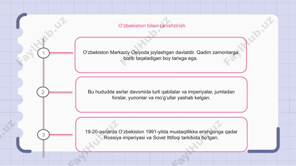 tildi. islom dinining o‘zbekistonga ta’siri islom dini o‘zbekiston tarixiga katta ta’sir ko‘rsatgan. mintaqaga 8-asrda kirib kelgan va hukmron dinga aylangan. islom dinining tarqalishi o‘zbekistonda somoniylar va temuriylar imperiyasi kabi qudratli islom imperiyalarining barpo etilishiga olib keldi. islom madaniyati va an’analari, jumladan, me’morchiligi, adabiyoti va oshxonasi o‘zbekiston va uning xalqining o‘ziga xosligini shakllantirgan. 1 2 3 o'zbekiston sovet davrida sovet ittifoqi davrida o‘zbekistonda sezilarli iqtisodiy va ijtimoiy o‘zgarishlar ro‘y berdi. mamlakatning qishloq xo‘jaligi va sanoat tarmoqlari modernizatsiya qilindi va kengaytirildi, bu esa ishlab chiqarish va urbanizatsiyaning o‘sishiga olib keldi. biroq sovet tuzumi o‘zbekiston ustidan ham qattiq siyosiy va madaniy nazorat o‘rnatgan, millatchilik harakatlarini bostirgan, rus tili va madaniyatini targ‘ib qilgan. bu qiyinchiliklarga qaramay, oʻzbekistonda sovet hokimiyati davrida taʼlim va sogʻliqni saqlash sohalari yaxshilandi, bu koʻplab oʻzbek fuqarolarining savodxonlik darajasi va turmush darajasining yaxshilanishiga olib keldi. o'zbekistonning mustaqilligi va modernizatsiyasi o‘zbekiston 1991-yilda sovet ittifoqidan mustaqillikka erishdi. o‘shandan beri mamlakatda sezilarli modernizatsiya va …