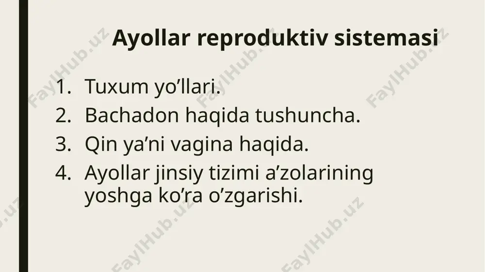 ib, yuqori qismi bilan bachadonning bo’yinqismigaa, pastki qismi bilan esa o’zining dahliziga ochiladi. qindan olib tayyorlangan surtmada hujayralarning turiga qarab tuxumdondan chiqayotgan gormon va uning qin epiteliysiga ta’sirini aniqlash mumkin. bachadon. yangi tug’ilgan qiz bola bachadoni kalta bandli, kichik qalpoqli zamburug’simon shaklda bo'lib, bo’yin qismiga nisbatan tanasi kalta bo’ladi. 1 yoshga to’lgan qiz bolaning bachadoni 3sm keladi va 10 yil davomida kam o’zgaradi. pubertat davrda bachadon hamda uning bezlari intensive o’sadi. bachadonning aktiv funksional davri o’rtacha 40-45 yoshlargacha davom etadi. tuxumdon. tuxumdonning siklik o’zgarishi ayollarda balog’at yoshidan boshlab 40-45 yoshgacha davom etadi. klimakterik davrda hayz siklining susayishi tuxumdon o’lchamlarining kichrayishi va ularda follikulalarning yo’qolishi bilan tavsiflanadi. lyutropin gormonining yetarli darajada ishlanmasligi natijasida ovulatsiya sodir bo’lmaydi demak sariq tana ham hosil bo’lmaydi. natijada ovarial-menstrual sikl toxtaydi va menopauza yuzaga keladi. qin. qinning asosiy tuzilmalarini shakllanishini ta’minlovchi morfogenetik va gistogenetik jarayonlar qiz bolaning jinsiy balog’at yoshida yetishi davrida tugaydi. shilliq parda ingichkalashib, …