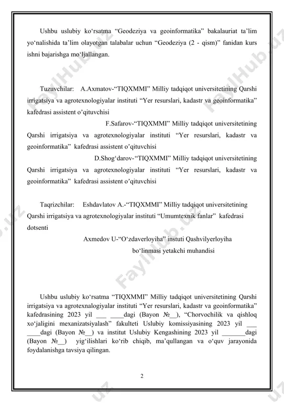 onometriya to’rini tenglashtirish va aniqligini baholash. poligonometriya xillari. poligonometriya yo’li joyda siniq chiziqlardan iborat bo’lib, tomon uzunliklari va o’ng yoki chap tomon gorizontal burchaklari o’lchanadi. poligonometriya ko’rinishi bo’yicha 2 xil bo’lib, ochiq yoki yopiq poligonlardan tashkil topgan bo’ladi. poligonometriyada burchaklar optik va elektron teodolitlar bilan, masofalar esa har xil asbob uskunalar bilan o’lchanadi. poligonometriyada masofa o’lchash usullari. svetodal’nomer poligonometriya barcha cinfdagi geodezik to’rlarni barpo qilish va zichlashtirishda, maxsus geodezik to’rlarni barpo qilishda qo’llaniladi. jumladan: svetodal’nomer yordamida masofa o’lchash yorug’lik nuri tezligiga asoslangan bo’lib, boshlang’ich nuqtaga svetodal’nomer, oxirgi nuqtaga esa nur qaytargich o’rnatilib, nurning borib qaytishiga sarf bo’lgan vaqt o’lchanadi. ( 1 2 3 4 ) 5 ( s ) 1 – rasm. bu yerda: 1– vaqt o’lchagich, 2 – nur uzatgich, 3 – klavitura, 4 – nur qabul qilgich uskuna, 5 – nur qaytargich uskuna. masofa s quyidagi formula bilan aniqlanadi. radiodal’nomer poligonometriya barcha sinfdagi geodezik to’rlarini barpo qilishda qo’llaniladi. …