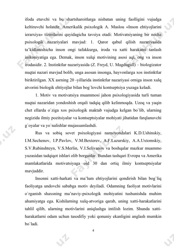harakatlarni odam uchun tasodifiy yoki qonuniy ekanligini anglash mumkin bo`ladi. bunday xatti-harakatlarni yana takrorlanishini oldindan ko`ra olish, shaxsiy holatlarning ayrimlarini yuzaga keltirmaslikning oldini olish, boshqalarning taraqqiy etishini qo`llab-quvvatlash mumkin. ba’zilar mehnatgao`uz ehtiyojlariga ko`ra sidqidildan munosabatda bo`lsalar, ba’zilar o`z burchlarini anlaganliklaridan, yana ba’zilar o`zlarining qobih niyatlariga erishish uchun vaqtincha sun’iy munosabatda bo`ladilar. motivatsiya- odamni faol faoliyatga undovchi sabablar majmui bo`lib, xulq atvorni psixologik va fiziologik boshqarishning dinamik jarayoni hisoblanib unga tashabbus, yo`nalganlik, tashkilotchilik, qo`llab-quvvatlash kiradi. motirovka deganda inson xulq atvorini tushuntirish bo`lib, unda «nima uchun?», «£anday maqsad bilan?», «£anday ma’noda?» kabi savollarning mativatsiyaga bog`liqligidir. motivatsiya inson xulq atvori, uning bog`lanishi, yo`nalishi va faolligini tushuntirib beruvchi psixologik sabablar majmuini bildiradi. psixologiyada motivlashtirish deganda psixologik hodisalarning o`zaro mustaqil bog`langan, lekin bir-biriga to`la mos kelmaydigan nisbatan mustaqil uchta turi tushuniladi; a) individning ehtiyojlarini qondirish bilan bog`liq bo`lgan faoliyatga undovchi sabablar sifatidagi motivlashtirishdir. faollik holatini paydo bo`lishini sub’ektiv ehtiyojlarini izohlab beradi. b) motivlashtirish faollik kimga …