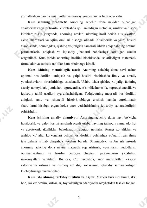 orligini tahlil qilish orqali uning ekish, parvarishlash va yig‘ib olish texnologiyalarini takomillashtirishga xizmat qiluvchi ma'lumotlar olinadi. mazkur tahlil jarayonida navning agroekologik sharoitlarga moslashuvi, o‘sish fazalari va hosil miqdoriga ta’sir qiluvchi omillar o‘rganiladi. "achchiq dona" navi yuqori xosildorlikka ega bo‘lib, intensiv bog‘dorchilik tizimlari uchun qulay variant hisoblanadi. u biroz mayda, shirin va nordon tamga ega bo‘lgan mevasi bilan ajralib turadi. ushbu navning hosildorligi asosan tuproqning unumdorligi, sug‘orish va oziqlantirish rejimiga bog‘liq bo‘ladi. ushbu navni ekishda avvalo agrotexnik tadbirlarni to‘g‘ri tashkil qilish talab etiladi. anor daraxtlari o‘rtacha 5-7 yil davomida maksimal hosil bera boshlaydi va bu davrda sifatli agrotexnika choralari ko‘rilsa, o‘rtacha 30-40 kg hosil olish mumkin. o‘simlikka kerakli oziqa moddalarini yetkazib berish va kasalliklarga qarshi kurash choralarini o‘z vaqtida amalga oshirish hosildorlikni oshirishda muhim ahamiyat kasb etadi. "achchiq dona" navi yaxshi hosil berishi uchun issiq va quyoshli iqlim sharoitlari talab qilinadi. o‘simlikning ildiz tizimi chuqur o‘sishi tufayli suvga bo‘lgan talabni tuproqning …