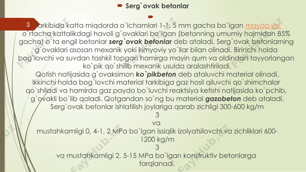 k betonlar yengil vaznga ega bo‘lib, qurilishda yukni kamaytirishga yordam beradi. ular issiqlik izolyatsiyasi uchun juda foydalidir. ushbu betonlar tovushni yutish xossasiga ega, bu esa binodagi shovqinni kamaytiradi. shuningdek, ular ekologik jihatdan xavfsiz materialdir. kamchiliklari orasida mustahkamlikning pastligi va suv yutuvchanlik darajasi yuqoriligi bor. ehtiyotkorlik bilan qo‘llanilganda yaxshi natijalar beradi. qo‘llanilish sohalari serg’ovak betonlar qurilish ishlarida keng qo‘llaniladi. u baland mustahkamlikka ega bo‘lib, binolar, ko‘priklar, yo‘llarni barpo etishda foydalidir. sanoat ob’ektlari qurilishida serg’ovak betonlardan foydalanish katta afzallik beradi. u yong’ingacha chidamli, zichligi yuqori hamda tebranishlarga bardosh beradi. serg’ovak betonlar issiqlik izolyatsiyasi yaxshi bo‘lganidan turar joy binolarining devorlarida ko‘p ishlatiladi. energiya tejashda samarali rol o‘ynaydi. 01. 02. 03. sifat nazorati usullari serg’ovak betonlar sifatini ta’minlash uchun nazorat usullari juda muhim. bu usullar orqali beton mustahkamligi oldindan aniqlanishi mumkin bo‘ladi. mexanik sinovlar yordamida betonning bosimga chidamliligi aniqlanadi. bu sinovlar laboratoriyada maxsus qurilmalarda bajariladi va ishonchli ma’lumotlar beradi. sifat nazorati jarayonida vizual tekshiruv, …