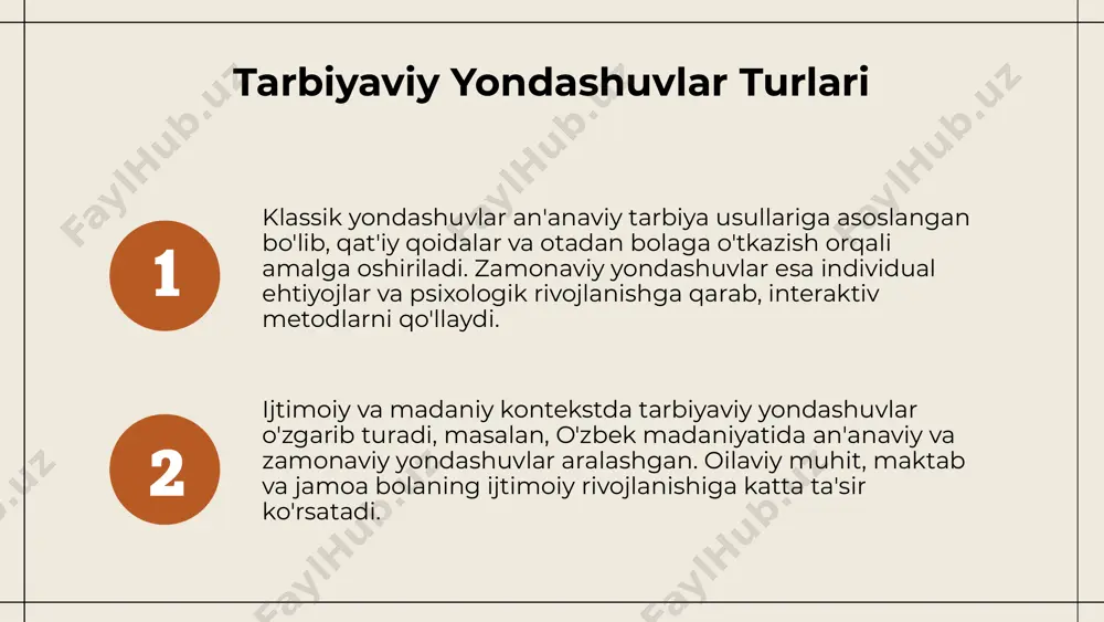 -onaning roli bolalarda ijtimoiylashuv muhim jarayon bo'lib, ota-onalar ularning jamiyatga moslashuvi va ijtimoiy ko'nikmalarining shakllanishida asosiy rol o'ynaydi. bu jarayon bolalarning shaxsiy rivojlanishiga ta'sir qiladi. tarbiyaviy yondashuvlarning ta'siri va muhitdagi rivojlanish zamonaviy pedagogik yondashuvlar va texnologiyalar ota-onalarga bolalar bilan munosabatlarni rivojlantirishda yordam beradi. bu usullar orqali bolalarning ijtimoiy ko'nikmalari mustahkamlanadi va muhitga moslashuvi yaxshilanadi. amaliy usullar va jamiyatdagi mas'uliyat amaliy tarbiyaviy usullar bilan ota-onalar va jamiyat ijtimoiy mas'uliyatni oshiradi. bu, kelajak avlodlarning muvozanatli va mas'uliyatli shaxslar bo‘lib yetishishi uchun muhimdir. foydalanilgan adabiyotlar 1. amirbekova, m. (2018). ota-onaning bolalarni tarbiyalashda roli. o'zbekiston pedagogika jurnali, 5(2), 45-50. 2. karimova, d. (2020). zamonaviy jamiyatda ota-onaning ijtimoiylashuvi va tarbiya usullari. toshkent davlat universiteti nashri. 3. malikov, a. (2019). bolalar tarbiyasida amaliy tarbiyaviy usullar va ularning zamonaviy muhitda qo‘llanilishi. pedagogika va psixologiya, 7(3), 112-119. 4. rahimov, j. (2021). ota-onaning ijtimoiy muhitdagi roli va tarbiyaviy yondashuvlar. o‘zbekiston tarbiya va madaniyat, 4(1), 23-30. 5. yusufova, s. (2017). …