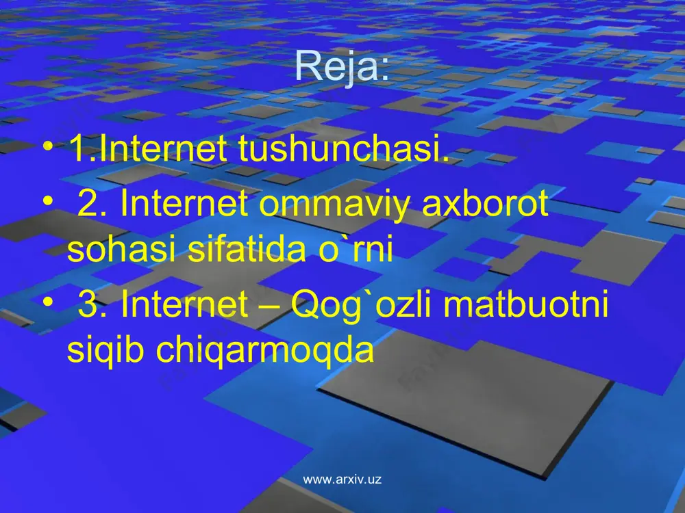 rxiv.uz www.arxiv.uz www.arxiv.uz www.arxiv.uz tarmoq texnologiyalari foydalanuvchiga telefon bo`yicha istalgan shahar va mamlakatdagi punktlari sheriklari bilan gaplashish imkonini beradi, shu bilan bir qatorda bu oddiy telefon aloqasidan arzonroqdir; oddiy pochtani ishlatganga qaraganda kam harajat qilib va shuning bilan birga sezilarli darajada tezroq o`nga faks yoki xat yuborish mumkin www.arxiv.uz www.arxiv.uz www.arxiv.uz www.arxiv.uz internet nima o`zi — navbatdagi odatiy (modali) qiziqishni yoki insoniyatning kelajagini? anglab etilgan zaruriyat yoki nima bilan shug`ullanishni va ortiqcha yuzlab dollarlarni nimaga sarflashni bilmaydiganlar uchun еrmakni? unisi ham, bunisi hamdir va uchinchisi hamdir — qisqasi hammasi! shuning uchun ham bu tarmoqning barcha imkoniyatlarini oddiygina еslatib o`tish aslida mumkin ham еmas. www.arxiv.uz www.arxiv.uz www.arxiv.uz www.arxiv.uz