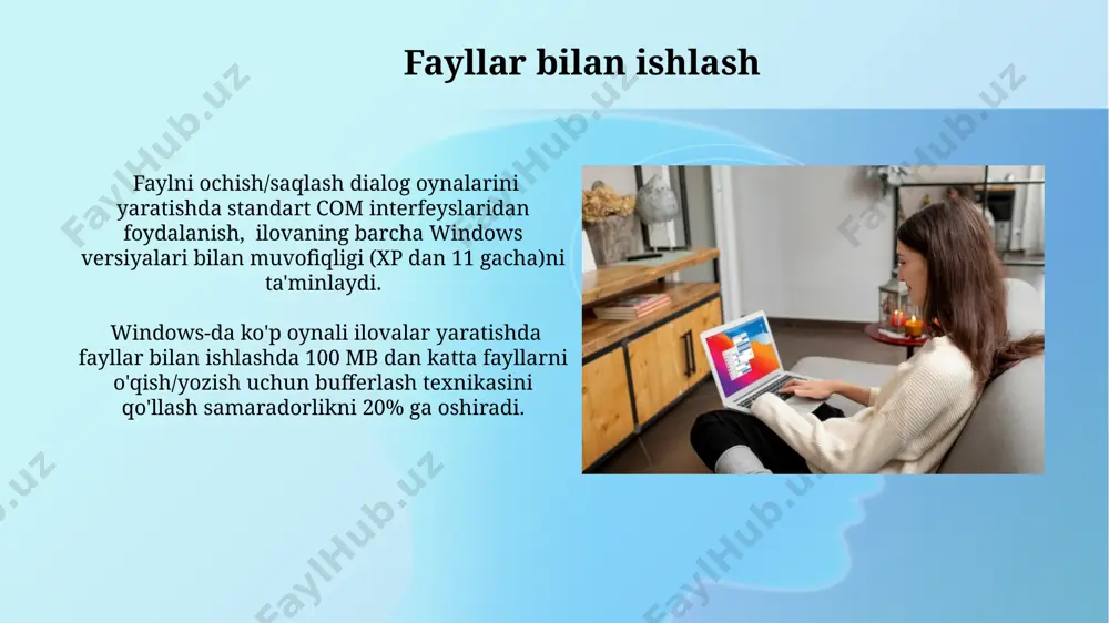 a boshqa 7 ta parametrni qabul qilib, yangi oyna yaratadi. windows api orqali oynalarni yaratishda, hwnd (window handle) kabi 16-lik son tizimidagi identifikatorlardan foydalaniladi, ular har bir oyna uchun noyob hisoblanadi. grafikalar va rasmlarni chizish windows forms yoki wpf kabi ramkalar rasm fayllarini (jpeg, png, bmp va boshqalar) yuklash va ko'rsatish uchun qulay usullarni taqdim etadi. bu 1000x1000 pikselgacha bo'lgan rasmlarni samarali ishlash imkonini beradi. directx 12 dan foydalanib, yuqori aniqlikdagi 3d grafikalar va murakkab vizuallarni yaratish mumkin, bu esa o'yinlar yoki 3d modellashtirish dasturlari uchun mos keladi. u 100 dan ortiq funksiyalarni o'z ichiga oladi. xavfsizlik masalalari foydalanuvchilarning identifikatsiyasi va avtorizatsiyasi uchun ikki omilli autentifikatsiya (2fa) mexanizmlarini qo'llash 90% dan ortiq firibgarlik urinishlarining oldini oladi. dastur xavfsizlik zaifliklarini muntazam ravishda tekshirish va kamida har 3 oyda yangilanishlarni chiqarish, 0-kun zaifliklaridan himoya qilishga yordam beradi. windows uchun ko'p oynali ilovalarni yaratishga kirish windowsda ko'p oynali ilovalar yaratishda, 2 dan ortiq …