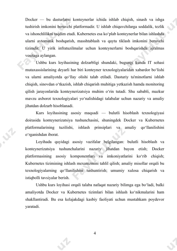 zimdan boshqa tizimga tezda ko‘chirishlari mumkin. bu esa ishlab chiqish va xizmat ko‘rsatish jarayonlarini sezilarli darajada tezlashtiradi. kubernetes esa konteynerlarni boshqarish uchun mo‘ljallangan tizimdir. kubernetes bir nechta docker konteynerlarini samarali tarzda boshqarish imkonini beradi. bu tizim yordamida konteynerlar bir joyda guruhlanadi, avtomatik ravishda joylashtiriladi va kerakli resurslar taqsimlanadi. kubernetes tizimi nafaqat konteynerlarni joylashtirish, balki ularni muvozanatlash, monitoring qilish va kerak bo‘lsa qayta ishga tushirish imkoniyatini ham beradi. kubernetesda konteynerlar podlar deb ataladigan kichik guruhlarda joylashadi. har bir pod o‘z ichiga bir yoki bir nechta konteynerni oladi. kubernetes tizimi bu podlarni boshqaradi va ularning holatini kuzatadi. agar biror podda nosozlik yuzaga kelsa, kubernetes avtomatik tarzda yangi podni ishga tushiradi. shuningdek, kubernetes tizimi resurslarni samarali taqsimlashni ta’minlaydi, bu esa tizimning umumiy samaradorligini oshiradi. docker va kubernetes birgalikda ishlaganda, ular bir-birining imkoniyatlarini yanada kuchaytiradi. docker konteynerlari dasturlarni izolyatsiya qiladi, bu esa tizimni barqaror va xavfsiz qiladi. kubernetes esa bu konteynerlarni boshqaradi, joylashtiradi va …