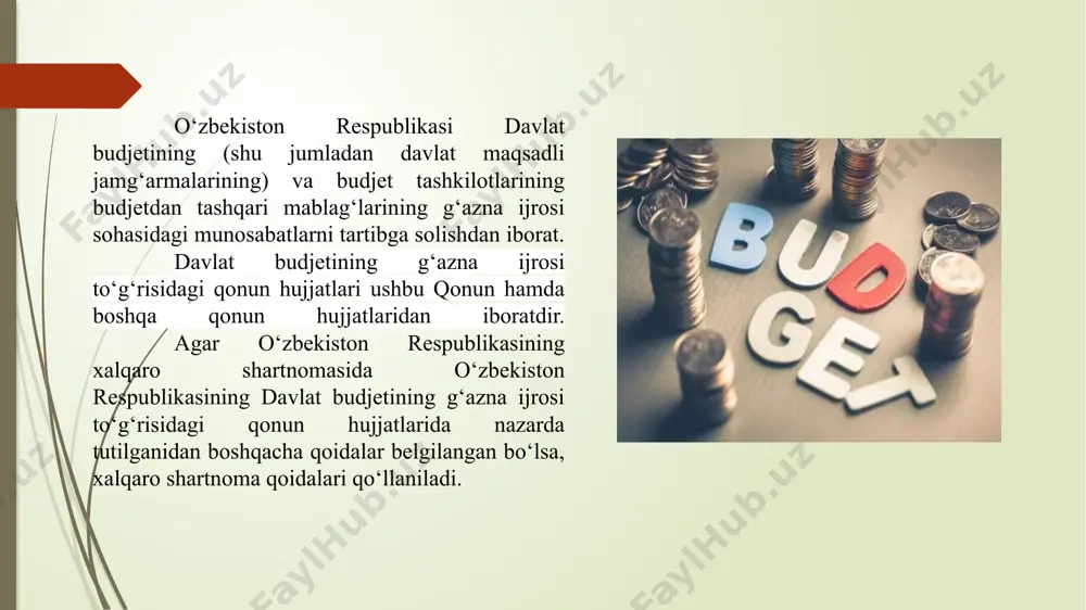 atli moliya organi hamda uning qoraqalpog‘iston respublikasi, viloyatlar, tumanlar, shaharlardagi hududiy bo‘linmalari (bundan buyon matnda g‘aznachilik deb yuritiladi) tomonidan amalga oshiriladi. g‘aznachilikning asosiy vazifalari quyidagilardan iborat: -davlat budjetining kassa ijrosi; - davlat budjeti mablag‘lari tushumi va sarfi ustidan nazorat qilish; - davlat budjeti mablag‘larini boshqarish, yagona g‘azna hisobvarag‘ini va hududiy g‘azna hisobvaraqlarini yuritish; budjet mablag‘lari oluvchining tovar yetkazib beruvchi (ish bajaruvchi, xizmat ko‘rsatuvchi) bilan tuzilgan shartnomasini, shuningdek buyurtmachining davlat budjeti mablag‘lari hisobidan kapital qurilish uchun tuzilgan shartnomasini majburiy ro‘yxatdan o‘tkazish; davlat budjetida qaysi yuridik yoki jismoniy shaxslar uchun mablag‘lar nazarda tutilgan bo‘lsa, o‘sha yuridik yoki jismoniy shaxslar nomidan va ularning topshirig‘iga binoan to‘lovlarni amalga oshirish; davlat budjeti g‘azna ijrosining buxgalteriya hisobini yuritish; davlat budjetining ijrosi to‘g‘risidagi axborotni yig‘ish, qayta ishlash, tahlil qilish va hisobotni tuzish; o‘zbekiston respublikasining davlat ichki va tashqi qarzlariga xizmat ko‘rsatish, o‘zbekiston respublikasining kafolatlarini ijro etish. ‘zbekiston respublikasiga kelayotgan barcha turdagi, shu jumladan nomoddiy shakldagi insonparvarlik yordami …