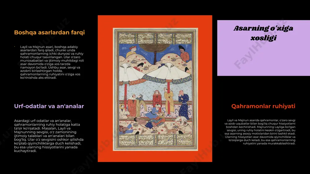 yon qiladi. u majnun bilan bo'lgan aloqasida kuchli his-tuyg'ularni boshdan kechiradi, bu esa uning ruhiyatiga ta'sir ko'rsatadi. laylining azoblari, u uchun nafaqat sevgi, balki umid va qiyinchiliklarni ham anglatadi. sevgi va azoblar layli, o'zining sevgi va azoblarini birga olib yurgan shaxs sifatida, nafaqat majnun uchun, balki o'zining ichki holati uchun ham kurashadi. u, o'z sevgisi uchun kurashar ekan, jamiyatdagi qoidalar va o'zining shaxsiy umidlarini muvofiqlashtirishga harakat qiladi. bu kurash, uning ruhiyatini shakllantiradi va uni yanada kuchli qiladi. laylining majburiyatlari majnun va layli: o'zaro ta'sir layli va majnun o'rtasidagi ruhiy aloqalar juda chuqur va murakkabdir. majnunning layliga bo'lgan sevgisi uning ruhiy holatini keskin o'zgartiradi, u iztirob va qayg'u ichida qoladi. laylining majnunga bo'lgan muhabbati esa, aksincha, uning ruhiyatini yanada kuchaytiradi va buni asar davomida ko'rish mumkin. ularning munosabatlari orqali har bir qahramonning ruhiy holati rivojlanadi, bu esa ularning bir-biriga ta'sirini anglatadi va asarning markaziy mavzusi bo'lib qoladi. qahramonlar ruhiyati: konflikt va …