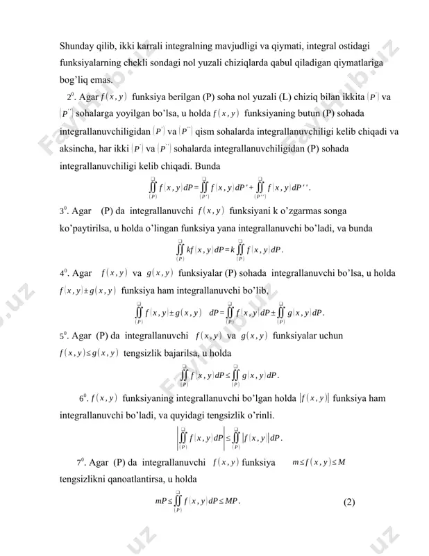 n, bunda da integral mavjud deb faraz qilinadi. e s l a t m a.agar (1) ikki karrali integral bilan birgalikda ushbu va oddiy integrallar ham mavjud bo’lsa, u holda (4) va (4’) formulalar bir vaqtda o’rinli bo’ladi, bu yerdan tenglikka ega bo’lamiz. ikki karrali integralni ko’pincha takroriy integral bilan o’xshash quyidagicha belgilanadi yoki yana yoki kabi yozish mumkin. misol. ushbu integralni hisoblaymiz. integral ostidagi funksiya (p)=[0,1;0,1] sohada uzluksiz. berilgan ikki karrali integral ham, va integral ham mavjud. yuqorida keltirilgan teoremaga ko’ra, integral mavjud bo’ladi formula bo’yicha berilgan integralni quyidagicha yozib olamiz: , bu yerda avval ichki integralni hisoblasak, shuning uchun shunday qilib, 2. egri chiziqli soha bo’lgan holda ikki karrali integralni takroriy integralga keltirish. (p) soha, quyidan va yuqoridan ikkita uzluksiz chiziqlar bilan, yon tomondan – ikkita va ordinatalar bilan chegaralangan bo’lsin ( 1-rasm) 1-rasm quyidagi teorema o’rinli. t e o r e m a. agar (p) sohada aniqlangan …