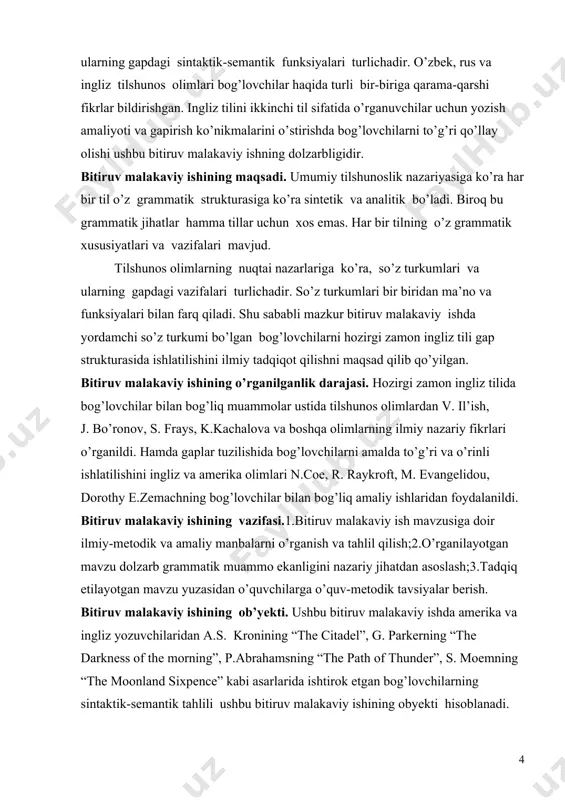 dik adabiyotlarga tayanilgan. bitiruv malakaviy ishining ilmiy yangiligi. so’z turkumlarining mohiyati, turlariga oid tilshunos olimlarning nazariy fikrlari va qarashlari bayon etilgan. bundan tashqari bog’lovchilar haqida va ularning strukturasiga ko’ra turlari haqida batafsil to’xtalib o’tilgan. hozirgi zamon ingliz tilidagi so’z turkumlari va so’z turkumlari klassifikasiyalarining asosiy prinsiplari va xususan ingliz tili gap strukturasida bog’lovchilarning o’rni, qiyosiy-tipologik metod asosida o’zbek tilidagi qaysi bog’lovchilarga semantik jihatdan mos kelishi, bog’lovchilarning gap tuzilishidagidagi bajarayotgan sintaktik vazifalarini ilmiy va amaliy o’rganilganligidir. bitiruv malakaviy ishining mazmuni va tuzilishi. bitiruv malakaviy ishi kirish, ikki bob, xulosa va foydalanilgan adabiyotlar ro’yxatidan iborat. bitiruv malakaviy ishining kirish qismida ishning dolzarbligi , maqsadi va vazifalari, ilmiyligi va amaliy ahamiyati bayon qilingan. bmining i bobida hozirgi zamon ingliz tilidagi so’z turkumlari va so’z turkumlari klassifikasiyalarining asosiy prinsiplari va bog’lovchilar haqida umumiy ma’lumot bayon etilgan. so’z turkumlarining mohiyati, turlarga oid tilshunos olimlarning nazariy fikrlari va qarashlari bayon etilgan. bundan tashqari bog’lovchilar haqida va …