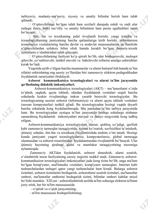 sus usullar, modellar, ta’lim standartlari yoki strategiyalar asosida amalga oshirilar edi. ba’zi bir modellarda o‘qituvchi dominant ro’lida bo‘lib, barcha ta’lim berish vazifalarini o‘zi hal qilar, boshqalarida esa talabalarga to‘la erkinlik berilib, ularni demokratik tamoillar asosida o‘qitilar, yana boshqa birlarida esa talaba va o‘qituvchi orasida tenglik hamda ijodiy fikr almashinish jarayoni amalga oshirilib, o‘zaro muloqot vositasida interfaol ta’lim jarayoni amalga oshirilar edi. ammo hozirgi paytdagi ta’lim berish jarayoni asosan sinfda yoki mahsus jihozlangan xonalarda talabalar va o‘qituvchining o‘zaro muloqoti orqali amalga oshiriladi. shunday qilib, hozirgi davrdagi ta’lim berish jarayonini quyidagi asosiy jihatlar bilan ifodalash mumkin:  o‘qituvchining faoliyati nafaqat ilmiy-amaliy asosda, balki ijodiy-artistik asosda ham amalga oshirilishi lozim;  o‘qituvchining dars berish jarayonidagi ro’li ancha murakkab bo‘lib, uning o‘ziga xos tarixiy va zamonaviy jihatlari mavjud. oldingi davrlarda o‘qituvchilarning faqatgina zamonaviy bilimlar berishi talab qilinsa, hozirda ulardan tarbiyaviy, madaniy-ma’naviy, siyosiy va amaliy bilimlar berish ham talab qilinadi;  o‘qituvchilarga bo‘lgan talab ham …