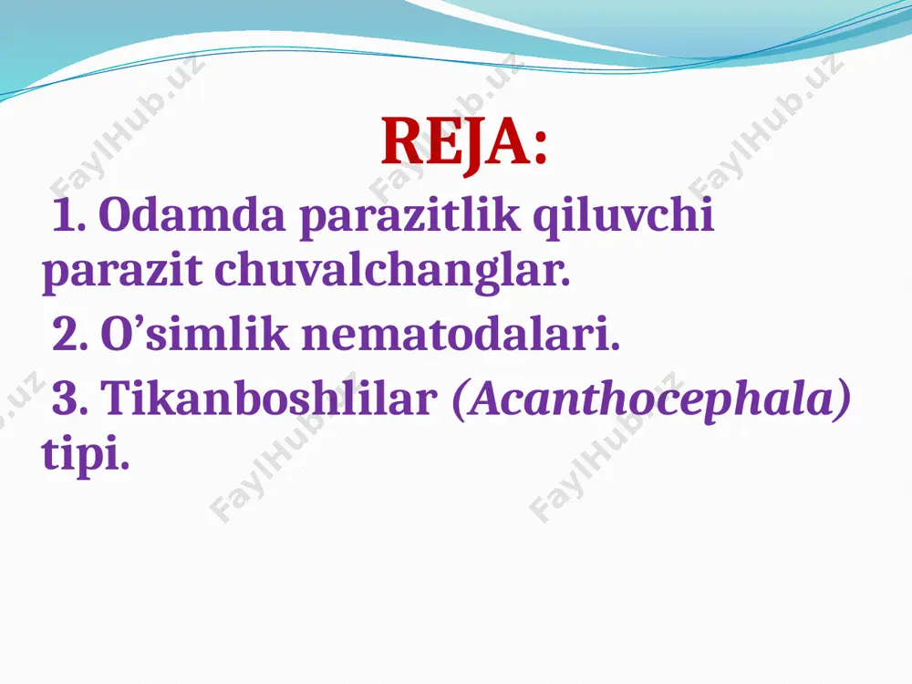 a (ancylostoma duodenale). odamlarning 12-barmoqli ichagida parazitlik qiladi. parazitning bosh qismi egilgan, qiyshiq bo‘lib, unda rivojlangan og‘iz kapsulasi joylashgan. ular ayrim jinsli, urg‘ochisining tana uzunligi 10-18 mm, erkaginiki esa 8-10 mm atrofida bo‘ladi. erkagining orqa uchida bursa va spikula joylashgan.qiyshiqbosh nematoda geogelmint. uruglanishi xo‘jayini ichagida o‘tadi. urg‘ochisi bir kecha-kunduzda 10 mingga yaqin urug‘langan tuxum qo‘yadi. tashqariga chiqqan tuxumdan qulay haroratda (26-30°c da) bir-ikki kun ichida lichinka chiqadi. bir hafta davomida lichinka 2 marta tullab, yuqumli (invazion) davrga o‘tadi. bunday lichinkalar qish faslida tuproq harorati pasayganda, 1 m pastga tushadi. harorat ko‘tarilishi bilan yana tuproq yuzasiga chiqadi va tuproqda 18 oygacha o‘z hayotchanligini saqlab qoladi. odamlarning egribosh nematoda bilan zararlanishi asosan teri orqali ro‘y beradi. bunda odam go‘ng va har xil axlatlar tashlangan dalalarda hamda polizlarda oyoqyalang yurganida parazit lichinkasi teri orqali tanaga kiradi. egribosh nematodalar ichak devorida yaralar hosil qiladi va xo‘jayini qonini so‘rib oziqlanadi. bunday odam ozadi, ichakdan qon …