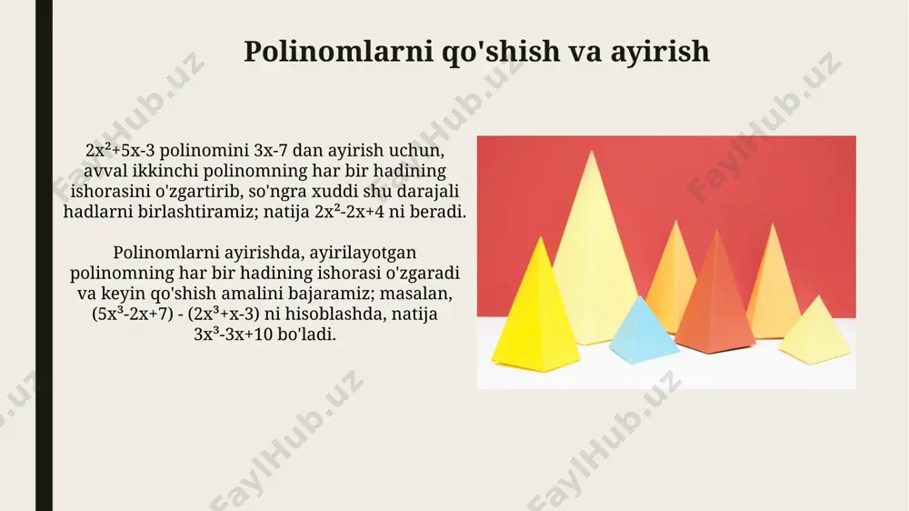 , ko'phadlar teng hisoblanadi. polinomlarni bo'lish polinomlarni bo'lishda qoldiq teoremasi muhim rol o'ynaydi. agar p(x) polinomi (x-a) ga bo'linsa, qoldiq p(a) ga teng bo'ladi. masalan, x²-4 ni x-2 ga bo'lganda qoldiq 0 ga teng. polinomlarni bo'lishda, agar ikkita polinomning darajalari teng bo'lsa va mos keladigan koeffitsiyentlari ham teng bo'lsa, ular o'zaro teng deb hisoblanadi, masalan, 2x² + 3x + 1 va 2x² + 3x + 1 polinomlari tengdir. ko'p hadli tenglamalar ikki ko'p hadli tenglama faqat ularning mos keladigan koeffitsientlari bir-biriga teng bo'lganda teng deb hisoblanadi. masalan, 2x² + 3x - 1 va 2x² + 3x - 1 tenglamalari tengdir. ko'p hadli tenglamalarni yechishda faktorlashtirish, kvadrat tenglamalar formulasi yoki boshqa algebraik usullar qo'llanilishi mumkin. masalan, x²-4=0 tenglamasini faktorlashtirib (x-2)(x+2)=0 deb yozishimiz mumkin. polinomlar tengligi tushunchasi polinomlar tengligi ularning mos keladigan koeffitsiyentlari o'zaro teng bo'lganda o'rnatiladi, masalan, 2x²+3x+1 va 2x²+3x+1 polinomlari teng, chunki ularning barcha koeffitsiyentlari mos keladi. agar ikkita polinom …