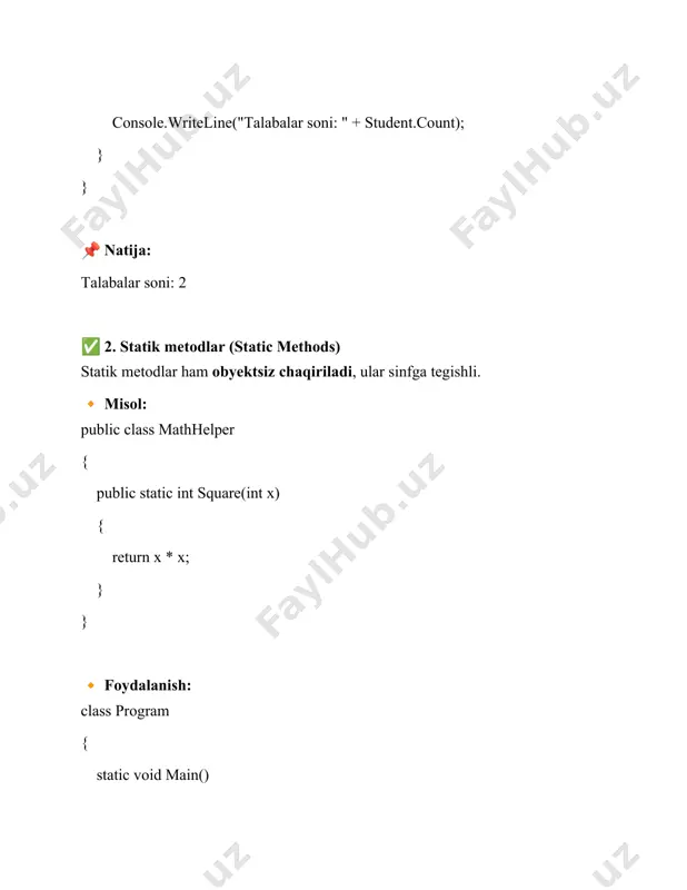 field umumiy qiymat, obyektlarga emas, sinfga tegishli static method obyektsiz chaqiriladi, faqat sinf nomi orqali ishlatiladi operator overloading maxsus operator kalit so‘zi bilan +, ++ kabi operatorlarni sinfga moslashtirish unar operator bitta operand (++a, --a) binar operator ikki operand (a + b, a - b)