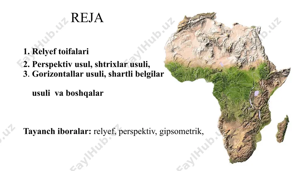 ichraytirilib tasvirlansa, relyef uchun uchinchi bir ko‘rsatkich balandligi ham tasvirlanishi kerak. relyef quyidagi usullarda: -perspektiv usul (shakli ko‘rsatilib tasvirlanadi), -shtrixlar usuli, -gorizontallar usuli, -gorizontallar oralig‘ini bo‘yash usuli (gipsometrik usul), -shartli belgilar usuli, -otmivka usulida, shuningdek raqamlar bilan va model yordamida ham tasvirlanadi. perspektiv usulda relyef rasm shaklida tasvirlanib, unda relyef shakllarini (tepalik, tog‘ oldi balandliklar, tog‘liklar)ni o‘qish biroz oson bo‘ladi. lekin unda balandlik va pastliklarning qiymatini aniqlab bo‘lmaydi. eski kartalarda relyef sxematik perspektiv (uzoqdan manzarali tasviriash) usulda alohidagi tepalik, baland joylar, tog‘lar ko‘rinishida tasvirlangan. relyef elementlarini bo‘rttirib ko‘rsatish uchun tepaliklar soyasi bilan qoplangan. bu relyef suratli tasviriash usuli ham deb atalgan bunday usul xviii- xix asrlarda tuzilgan kartalarda uchraydi. hozirgi vaqtda bu usul deyarli ishlatilmaydi. lekin bu usulda tasvirlangan relyef aniqligi kam bo‘lganligi uchun undan ikki asr keyin bu usul takomillashtirilib, relyef aniq geometrik shakllar asosida chizib tasvirlangan. hozirgi vaqtda ba’zi kartalarda (siyosiy-ma’muriy, iqtisodiy va tarixiy) bu usul ishlatilib, uni …