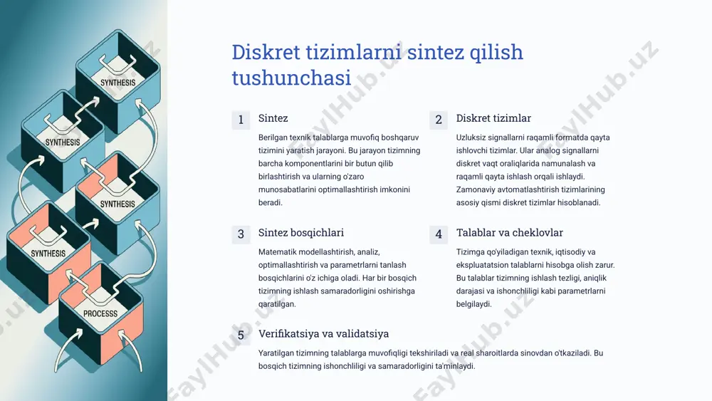 amalar diskret vaqt oraliqlaridagi tizim holatini tavsiflaydi. bu tengla-malar raqamli hisoblash tizim-larida qo'llaniladi va quyidagi afzalliklarga ega: kompyuterda hisoblash uchun qulay diskret signallarni qayta ishlash imkoniyati raqamli boshqaruv tizimlarida qo'llash osonligi boshqa modellashtirish usullari zamonaviy modellashtirish qu-yidagi qo'shimcha usullarni ham o'z ichiga oladi: z-almashtirish usuli holat fazosidagi modellar statistik modellashtirish bu modellashtirish usullari tizimning xatti-harakatini tahlil qilish, boshqaruv algoritmlarini ishlab chiqish va tizim ishlashini optimallashtirishda muhim ahamiyatga ega. 3 ishonchlilik darajasi tizim analizi tizim analizi - bu tizimning asosiy xususiyatlarini va ishlash ko'rsatkichlarini baholash jarayoni. bu jarayon tizimning sifatini va ishonchliligini ta'minlashda muhim rol o'ynaydi. barqarorlik tizimning tashqi ta'sirlarga qarshi tura olish qobiliyati. bu quyidagilarni o'z ichiga oladi: xatoliklarga chidamlilik tebranishlarga qarshilik turg'unlik chegara -lari ishlash samaradorligi tizimning berilgan vazifani bajarish darajasi, quyidagi ko'rsatkichlar orqali baholanadi: ish tezligi va aniqlik resurslardan foydalanish ishonchlilik darajasi boshqaruvchanlik tizimning boshqaruv signallariga javob berish xususiyati: o'tish jarayoni sifati boshqaruv aniqligi tezkor javob qaytarish tizim …