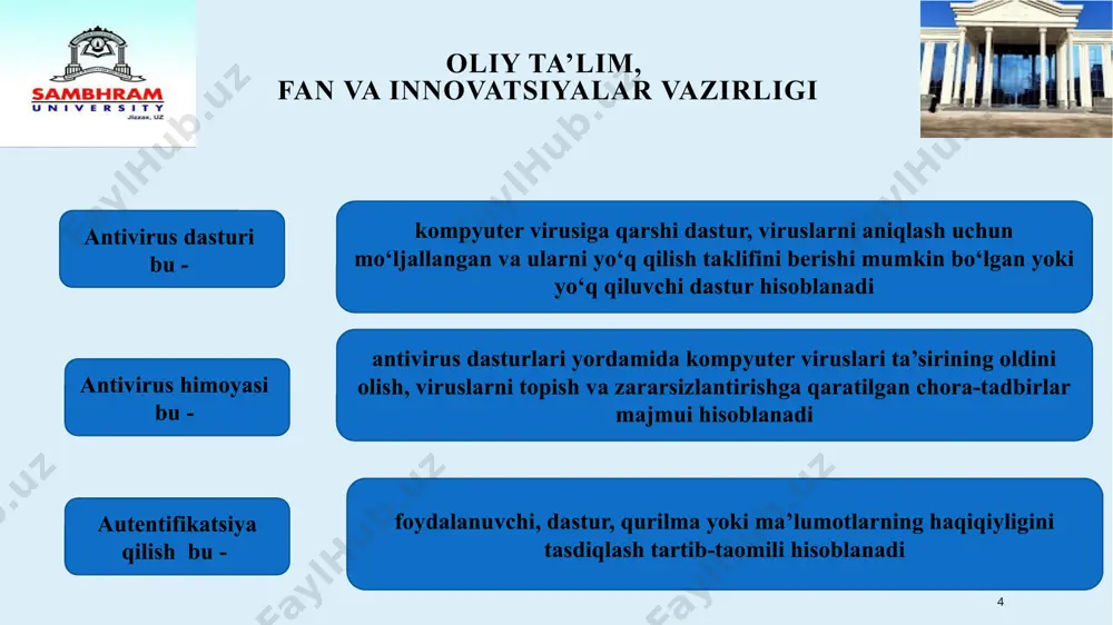 ullarini qo`llash quyidagi mustaqil yo`nalishlarni o`z ichiga oladi: - axborotlarga ruhsatsiz kirishdan, himoyalash; - axborotlarni aloqa tizimlarida himoyalash; - elektron hujjatlarning yuridik ahamiyatini himoyalash; - maxfiy axborotlarni qo`shimcha elektron magnitli nurlanishlar va uzatish kanallaridan chiqib ketishini himoyalash; - axborotlarni kompyuter viruslari va dasturlarini tarqatish kanallari bo`yicha boshqa xavfli ta'sirlardan himoyalash; - dastur va qimmatli kompyuter axborotlarini ruxsatsiz nusxa ko`cherish va tarqatilishini himoyalash 12 oliy ta’lim, fan va innovatsiyalar vazirligi banklarda axborot-kommunikatsiya texnologiyalarining dasturiy ta’minlanish bank faoliyatida ko`plab dasturiy ta`minotlarni uchratishimiz mumkin har bir dasturiy ta`minot o`z modullariga ega bo`lib, ularda barcha bo`lim xodimlari birgalikda ishlab faoliyat yuritishadi. misol sifatida ba`zilarini keltirib o`tamiz: iabs, nsi, globus, asbt, e-personal. bankni avtomatlashtirishning asosiy natijalaridan biri uning boshqarilish darajasini sifatini oshishi bo`lishi kerak. bu vazifaning yechimi butun bank jarayonlarini modellar va iqtisodiy matematik usullardan foydalanish bilan birlashtiruvchi to`liq integratsiyalangan tizimini ishlab chiqish yotadi. haqiqatdan ham, faqat ana shunday tizim bankda mavjud bo`lgan barcha vazifaviy …