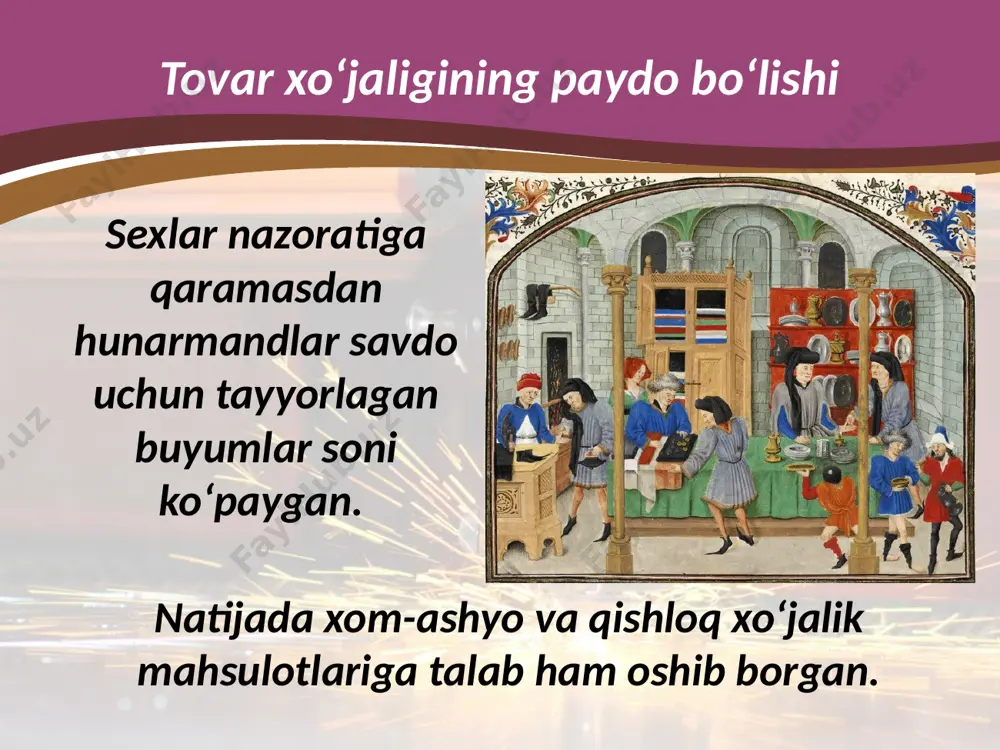adigan joylar – birjalar vujudga keladi. 12 birja bryuggeda – 1409, antverpenda – 1460, lionda – 1462-yilda tashkil topgan. shu tariqa xi–xv asrlarda yevropada hunarmandchilik va savdoning yuksalishi bozor, bank, birjalarni vujudga keltirdi. savol va topshiriqlar 1. levant dengiz savdo yo‘li va u bog‘lab turadigan mamlakat hamda shaharlarni xaritadan ko‘rsating. 2. shimoliy dengiz sàvdo yo‘llari haqida nimalarni eslab qoldingiz? 3. bozor va yarmarkalar o‘rta asr shaharlari uchun qanday ahamiyatga ega bo‘lgan? 4. banklar va birjalar qanday vujudga kelgan? image2.jpg image3.jpg image4.jpeg image5.jpeg image6.jpeg image7.jpeg image8.jpeg image9.jpeg image10.jpeg image11.jpeg image12.jpeg image13.png image14.jpeg image1.jpg /docprops/thumbnail.jpeg
