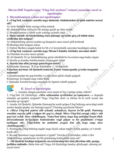 "ulugʻbek xazinasi" romanining test topshiriqlari — DOCX