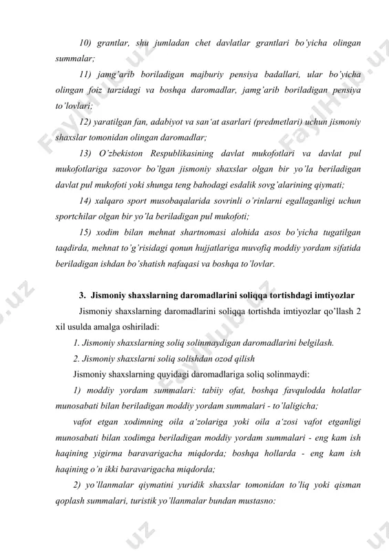 n sog’liqni saqlash muassasalariga naqd pulsiz haq to’langan taqdirda, shuningdek sog’liqni saqlash tashkilotlari tomonidan yozib berilgan hujjatlar asosida ushbu maqsadlar uchun mo’ljallangan naqd pul mablag’lari bevosita xodimga, xodim yo’qligida, uning oila a‘zolariga, ota-onalariga berilgan yoki mazkur maqsadlar uchun mo’ljallangan mablag’lar xodimning bankdagi hisobvarag’iga kiritilgan taqdirda, ushbu daromadlar soliq solishdan ozod qilinadi; 4) o’zbekiston respublikasi fuqarolarining o’zbekiston respublikasidan tashqariga ishlash uchun yuborilishi munosabati bilan byudjet tashkilotlaridan chet el valyutasida olingan ish haqi summalari va boshqa summalar, qonun hujjatlarida belgilangan summalar doirasida; 5) vaqtinchalik bir martalik ishlarni bajarishdan olingan daromadlar, agar bunday ishlarga yollash vaqtinchalik bir martalik ish bilan ta‘minlash markazlari ko’magida amalga oshirilayotgan bo’lsa; 6) soliqlar va boshqa majburiy to’lovlarni to’laganidan keyin xususiy korxona mulkdori, fermer xo’jaligi boshlig’i ixtiyorida qoladigan foyda summasi; 7) o’zbekiston respublikasining davlat mukofotlariga va davlat pul mukofotlariga sazovor bo’lgan jismoniy shaxslar olgan bir yo’la beriladigan davlat pul mukofoti yoki shunga teng bahodagi esdalik sovg’alarining qiymati; 8) xalqaro …