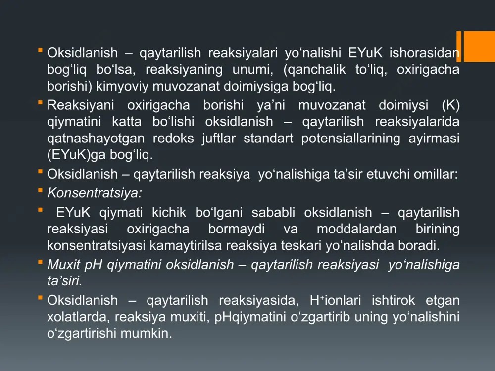 ladi. 2. qaytmas redoks indikatorning rangi en yoki uning yaqinida, eritma potensialining o‘zgarishi bilan qaytmas tarzda o‘zgaradi. bunda indikator molekulasining tuzilishi o‘zgaradi. masalan: metiloranj, metil qizili, neytral qizili kabi indikatorlar qaytmas oksidlanish-qaytarilish indikatorlariga kiradi.eritmaning potensiali endategishli qiymatiga yetganda indikatorlar qaytmas oksidlanib, ularga xos bo‘lgan rang o‘chib ketadi va qayta paydo bo‘lmaydi. indikatorni rang o‘zgarish oralig’i eritmaning oksidlanish-qaytarilish potensialiga bog’liq bo‘lib, nernst tenglamasi bo‘yicha hisoblanadi.ko‘zimiz bir rangni ikkinchi rangdan 1:10 yoki 10:1 nisbat bo‘lganda ajratadi. xulosa 1. kimyoviy reaksiyalar jarayoniga qarab titrometrik analiz kislota - asos, oksidlanish - qaytarilish, kompleksometriya, choʻkmaga tushirish usullariga; titrlashning oxirgi nuqtasini indikatsiyalash usuliga ko‘ra, rangli indikator, potensiometrik, ampermetrik, konduktometrik titrlashga boʻlinadi. 2. eritmadagi vodorod ionlari konsentratsiyasiga qarab o‘z rangini o‘zgartiradigan moddalar indikator deyiladi. indikatorlar bir rangli yoki ikki rangli indikatorlarga bo‘linadi. masalan, lakmus ikki rangli indikatorga kiradi, chunki u o‘z rangini kislotali muhitda ham va ishqoriy muhitda ham o‘zgartiradi. 3. fenolftalein indikatori bir rangli indikatordir. bu …
