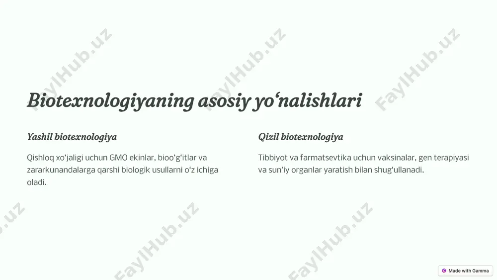 ti rivojlanmoqda. 5 biotexnologiyaning tabiatshunoslikdagi o‘rni genetika va biologiya tirik organizmlarning genetik tuzilishini o‘rganish va tahrirlash. kimyo va bioximyo hujayralardagi biokimyoviy jarayonlarni tushunish va boshqarish. ekologiya atrof-muhitni asrash va ekologik muvozanatni saqlashda biotexnologiyadan foydalanish. tibbiyot inson organizmidagi biologik jarayonlarni tushunish va davolash usullarini ishlab chiqish. 6 biotexnologiyaning ahamiyati o‘simlik va hayvonlarning irsiy o‘zgarishlarini tushunishga yordam beradi. tabiiy resurslardan samarali foydalanish imkonini yaratadi. biomuhitni muhofaza qilish va ekologik muvozanatni saqlashda qo‘llaniladi. 7 biotexnologiya: kelajak uchun imkoniyatlar biotexnologiya inson hayotini yaxshilashda katta o‘rin tutayotgan zamonaviy fanlardan biri bo‘lib, uning rivojlanishi tibbiyot, qishloq xo‘jaligi va ekologiya sohalarida inqilobiy o‘zgarishlar qilmoqda. 8 xulosa biotexnologiya insoniyatning kelajagi uchun katta imkoniyatlar ochib beradi. uning rivojlanishi tibbiyot, qishloq xo‘jaligi, ekologiya va boshqa sohalarda inqilobiy o‘zgarishlar qilmoqda. 9 image1.png image2.png image3.png image4.png image5.png image6.png image7.png image8.png image9.png image10.png image11.png image12.png image13.png image14.png image15.png