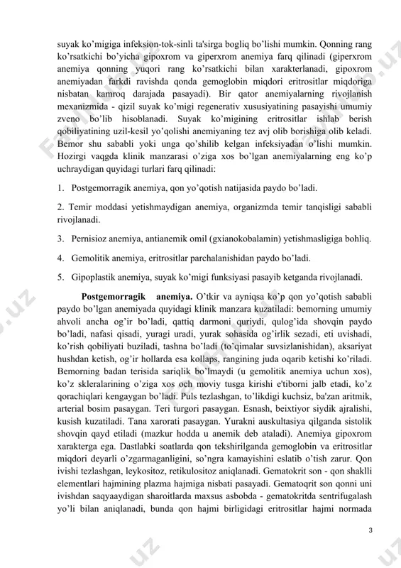 ing kattalashishi va kapsulasining taranglashishi natijasida kuzatiladi. o’tkir og’riq taloqning biror qon tomirining trombozi sababli, taloq infarkti kelib chiqishi klinikasiga xosdir. keyinchalik taloq usti sohasida qorin parda tebranishining shovqini eshitiladi. teri va shilliq pardalar rangining oqarishi-periferik qon tarkibida eritrositlar miqdorining kamayishi belgisi. mayda qon tomirlar qisqarishi natijasida ham bo’lishi mumkin. teri, sochda, tirnoqlardagi trofik o’zgarishlar (sochlar to’kilishi, tirnoqlarning oson sinadigan bo’lib qolishi, tirnoqlardagi terilarning yupqalashishi). organizmda temir saqlovchi fermentlar etishmovchiligi belgisidir. suyaklardagi og’riq-gemoblastoz kasalligida suyak ko’migi qismi o’sishi (giperplaziya) natijasida aniqlanadi. anemiyalar. qon yaratilish a'zolari kasalliklari orasida anemiya yoki kamqonlik eng ko’p uchraydi. bu patologik holatda qonda gemoglobin, aksariyat, ayni vaqtda eritrositlar miqdori ham kamaygan bo’ladi. anemiya-ko’p qon yo’qotish (masalan, shikastlanishda), qizil suyak ko’migi funksiyasining pasayishi, organizmga qon yaratilish jarayonlari uchun zarur moddalar, xususan sianokobalamin yoki temir etarlicha tushmasligi, shuningdek suyak ko’migiga infeksion-tok-sinli ta'sirga bogliq bo’lishi mumkin. qonning rang ko’rsatkichi bo’yicha gipoxrom va giperxrom anemiya farq qilinadi (giperxrom anemiya qonning …