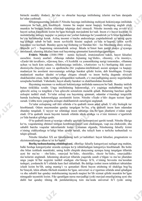 ari kabi, antik mutafakkirlarni ham borliqning manbalari qiziqtirgan. qadimgi yunon falsafasi vujudga kelgan paytdan boshlab ular butun borliqning birinchi sababini mavjud voqelikning o‘zidan izlaganlar, uni dam suv (fales) yoki havo (anaksimen) deb, dam hamma narsani boshqaradigan boqiy va cheksiz asos – «apeyron»(anaksimandr) taxminan mil. av. 611-545 yillar)deb tavsiflaganlar. (anaksimandr hatto jonli mavjudotlarning tabiiy kelib chiqishi g‘oyasini ilgari surgan. uning fikricha, mazkur mavjudotlar dengiz suvida vujudga kelgan va suv o‘tlaridan paydo bo‘lgan. so‘ngra baliqsimon mavjudotlar quruqlikka chiqqan va ulardan odamlar rivojlangan. shunga o‘xshash fikrlarni ksenofan (mil. av. 580-490 yillar) ham ilgari suradi. u hamma narsa er va suvdan vujudga keladi va rivojlanadi, hatto «biz ham er va suvdan paydo bo‘lganmiz», deb hisoblaydi. o‘sha davrning bosh falsafiy masalasi – «hamma narsa nima?» degan savolga javob berar ekan, pifagor (mil. av. 580-500 yillar) «hamma narsa sondir», degan xulosaga keladi. u erning sharsimonligi haqidagi g‘oyani birinchi bo‘lib ilgari suradi. keyinchalik bu g‘oyani parmenid (mil. …