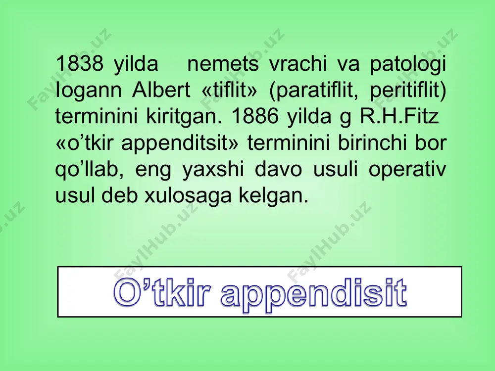 ladi koxer-volkovich – og‘riqni epigastriydan o‘ng yonbosh sohaga ko‘chishi og‘izning qurishi va tilni oq qarash bilan qop-lanishi, taxikardiya, tana harorati (tº)ning subfebril darajada bo‘lishi eritrotsitlar cho‘kish tezligi (echt) ning oshishi, leykotsitoz, leykoforulaning chapga siljishi. o‘tkir appenditsit xastaligida ko‘proq uchraydigan umumiy belgilar o‘tkir appenditsit belgilari yosh bolalarda – tez destruktiv turlari rivojlanadi, klinik manzara rivojlangan, tana xarorati 39-40. bolalar «maymun xolatida» uzini tinch tutishadi. xomiladorlikda – xos klinik manzara 5 oydan boshlanadi. ogrik yukori joylashadi, mushaklar tarangligi rivojlanmagan, mixelson, brendo simptomlari musbat. kariyalarda – klinik manzara rivojlanmagan, mushaklar tarangligi yuk, leykotsitoz yuk, tana xarorati normal o‘tkir appenditsit differensial tashxislash qorin bo’shlik a'zolari kasalliklari ko’krak qafas a'zolari kasalliklari qorin orti soxasi a'zolari kasalliklari infeksion kasalliklar qon va qon-tomir kasalliklari ginekologik kasalliklar teri kasalliklari nevrologik kasalliklar qorin bo’shligini uzi qorin bo’shlig’idagi erkin suyuqlik laparoskopiya maxsus diagnostika usullari * diagnostik laparoskopiya to‘g‘ridan – to‘g‘ri qorin bo‘shlig‘idagi patologik jarayonni, shu jumladan o‘tkir appenditsitni, aniqlashga yordam …