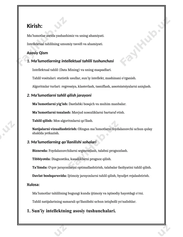 g inson aql-zakovati talab etiladigan vazifalarni bajara olish qobiliyatidir. ushbu vazifalar, jumladan, tilni anglash, nutqni tanib olish, vizual tasvirlarni aniqlash, qaror qabul qilish va o'zgaruvchan muhitlarda moslashuvchanlikni o'z ichiga oladi. 2. **o'rganish (machine learning – ml)**: o'rganish sun'iy intellektning bir turi bo'lib, unda kompyuter modellari ma'lumotlardan qandaydir naqshlar va bog'lanishlarni aniqlash orqali o'zlarining ishlashini yaxshilaydi. o'rganish usulida algoritmlar katta hajmli ma'lumotlar to'plamlarida mustaqil ravishda o'rganishadi. 3. **neytral tarmoq (neural network)**: neytral tarmoqlar sun'iy intellekt va o'rganishning muhim qismi bo'lib, ular inson miyasining ishlashiga taqlid qiladi. ushbu tarmoqlar ko'plab sun'iy neyronlardan tashkil topgan bo'lib, ular ma'lumotlarga o'rganish orqali turli vazifalarni bajaradi. 4. **chuqur o'rganish (deep learning)**: chuqur o'rganish bu ko'p qatlamli neytral tarmoqlarni qo'llab-quvvatlaydigan o'rganish metodi bo'lib, u juda murakkab vazifalarni, masalan, tasvir va nutq tanib olishni samarali tarzda bajara oladi. google, facebook kabi katta kompaniyalar chuqur o'rganishni faol qo'llashadi. 5. **tabiiy tilni qayta ishlash (natural language processing – nlp)**: tabiiy …