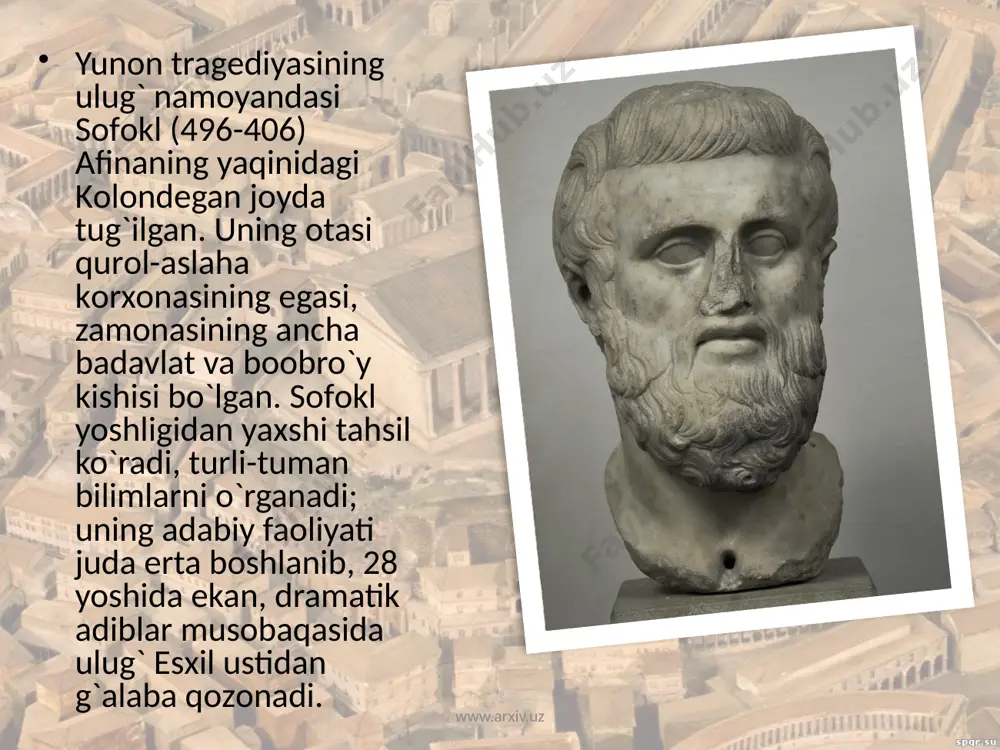 sizlarga, lekin xudoning veschemu?; men ko'r emasman, siz ko'rib turibsiz, lekin nima gunoh siz yashaysiz va ota-onangizga ham ko'rmayapman. "- "siz nima demoqchisiz?" - "o'zi unravels: siz uni o'zlashtirish." va tiresias qoldiradi. kim, qaroqchi: xor qo'shiq cho'chiganini kuylaydi? kim qotil? edip bormi? yo'q, siz uni iymon mumkin emas! www.arxiv.uz jahon adabiyoti. t., 2006. sh.normatova. jahon adabiyoti. t., 2008. hamdam ismoilov jahon adabiyoti т. 2013 www.ziyonet.uz www.ziyo.uz www.e-kutubhona.uz www.fkr.uz foydalingan adabiyaotlar. www.arxiv.uz image1.jpg image2.png image3.jpg image4.jpg image5.jpeg image6.jpg image7.jpeg image8.jpg image9.jpeg image10.jpg image11.jpeg image12.jpeg image13.jpeg image14.jpg image15.jpeg image16.jpg image17.jpg image18.jpg