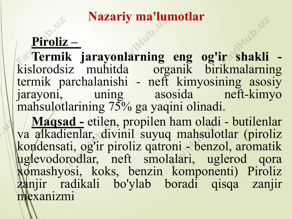 osil bo‘lishi bilan sodir bo‘ladi: b) kondensatsiya va polimerlanish reaksiyalari, ushbu reaksiyalar natijasida molekulalar yiriklashadi va smolalar hosil bo‘ladi: v) koks va vodorod hosil bo’lishi bilan sodir bo’ladigan to‘g‘ri molekulyar parchalanish reaksiyalari: jarayonning asosiy omillari katta miqdorda gaz olish mumkin - gaz xomashyosi - etan, propan, n-butan- suyuq xomashyo - parafin asosli benzin hisoblanadi. aromatik uglevodorodlar - bu uglevodorodlarning yuqori issiqlik barqarorligi tufayli gazlanishni kamaytiradi. bi- va polisiklik uglevodorodlar yengil olefinlarning shakllanishiga to'sqinlik qiladi. har bir turdagi xom ashyo uchun - harorat va piroliz davomiyligining optimal kombinatsiyasi mavjud. xom ashyoning molekulyar massasi qanchalik yuqori bo'lsa, piroliz jarayoni qanchalik og'ir bo'lmasa, suyuq uglevodorodlarning unumi shunchalik yuqori bo'ladi. xom ashyo turi quyidagilar bilan belgilanadi:- resurslar- mahsulotlarga talab metan, etilen, propilen va c5+ uglevodorodlar chiqishining qattiqlik omiliga bog'liqligi propan pirolizida jarayonning asosiy omillari jarayonning asosiy omillari etilen, piroliz kondensati, metan, propilen, butilen va etan unumining benzin pirolizidagi bog'liqligi. quvurli pechlarda piroliz jarayonning asosiy …