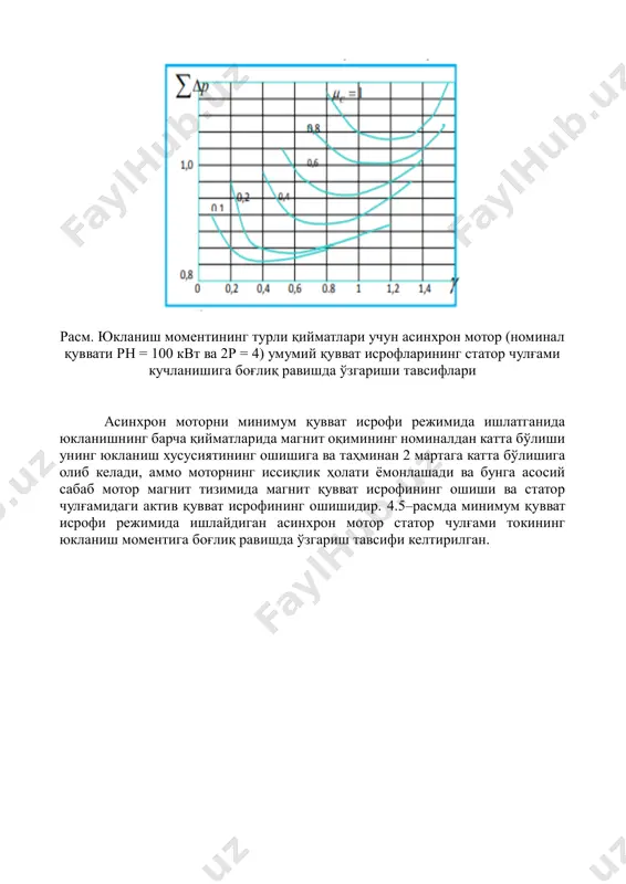 осий сабаб мотор магнит тизимида магнит қувват исрофининг ошиши ва статор чулғамидаги актив қувват исрофининг ошишидир. 4.5–расмда минимум қувват исрофи режимида ишлайдиган асинхрон мотор статор чулғами токининг юкланиш моментига боғлиқ равишда ўзгариш тавсифи келтирилган. расм. минимум қувват исрофи режимида ишлайдиган асинхрон мотор статор чулғами токининг юкланиш моментига боғлиқ равишда ўзгариш тавсифи. тавсифдан кўринб турибдики, юкланиш моменти μс = 1,0 бўлганида статор токининг қиймати номинал қийматидан 16% га камдир. юкланиш моментиниг μс<1 қийматларида қувват коэффициентининг номинал қийматидан катта бўлиши магнит оқимининг сезиларли даражада камайиши ва натижада реактив қувватнинг камайиши билан боғлиқдир. ищлаб чиқаришда энг кўп қўлланиладиган асинхрон моторларни минимум қувват исрофи режимида ишлашини таъминловчи автоматик бошқариш тизимларини яратиш ва амалиётга жорий қилиш, саноат қурилмалари ва машиналарида электр энергиядан тежамкорлик билан фойдаланиш учун асосий омил бўлади. асинхрон моторнинг умумий қувват исрофини қуйидаги формула билан ҳисоблаймиз: асинхрон моторнинг қўшимча ва механик қувват исрофларини қуйидагича қабул қиламиз: асинхрон моторнинг номинал иш режими учун статор …