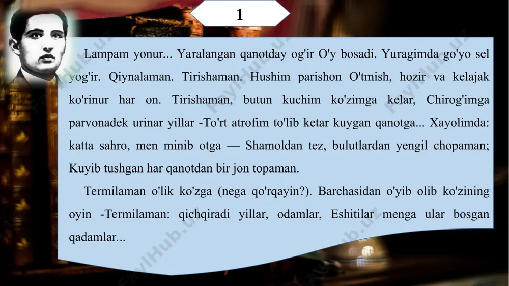 ar shunday xor bo'lsa! bir parcha non nima o'zi! shunga zor bo'lsa! nahot, chaqmoq yondirmaydi butun ochunni? kul gardiday umr - tog'day kulfat uchunmi? javob bergin menga, zakki qadimgi homer, ko'zyoshi-yu qonga rostdan tashnami bu — yer? qo'y, yaxshi chol! ko'nglim to'ldi, gaplashamiz so'ng, bu nimasi? eshitasanmi, og'ir, hazin mung? hamon yig'lar yalang'och rim, hamon dil ezar, hamon tilla qadahda qon ichar sezar! 5 rim ustida shamsiyadek tumanli osmon, katta sirkka sig'ishmasdan qaynar olomon: «odam bilan hayvon o'yin ko'rsatar emish...» (bunday qiliq bizning uchun qandayin erish!..) tishlarini irjaytirib bo'kirgan yo'lbars to'rt tarafga tashlanadi, talpinib lars-lars. och ko'zlari qonga to'lgan, sakrab o'ynaydi... o, bechora, qoch! u seni tirik qo'ymaydi! ana! ana, tirnog'ini nishlab kelar u, changal soldi! xalq o'rnidan birdan turdi duv... chapak chaldi. «ey, ahmoq rim, sevinma qonga! bundan boshqa xo'rlik bormi, axir, insonga?» -dedi, parcha-parcha bo'lgan gladiator. rim - o'yindan o'lim kutgan jinni teatr! 6 1935 (she'r juz'iy qisqartirilishlar …