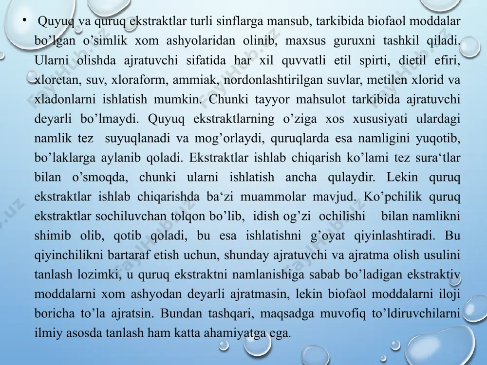 sababli chiqarib tashlanadi. bu usulning afzalligi jarayon avtomatlashtirilishi mumkin va nisbatan kam ajratuvchi sarflanib to’yingan ajratma olinadi. aylanma (sirkulyason) usulda ajratma olish. bu usulda ajratma olish ajratuvchining uzluksiz aylanma harakatiga asoslangan. ajratma olinadigan qurilma uzluksiz va avtomatik tarzda ishlaydigan sokslet asbobiga o’xshash ishlaydi. qurilma bir-biri bilan o’zaro bog’langan kub, ajratma olinadigan idish (ekstraktor), kondensator va to’plagichlardan tashkil toptan. ishlash tartibi: maydalangan xom ashyo ajratma oladigan idishga joylashtiriladi, ustiga bukik (sifon) naychadan pastroq satxgacha ajratuvchi solinadi va ivitish uchun 24 soatga qoldiriladi. ajratma bir vaqtning o’zida ajratuvchi kub va to’plagichga xam solinadi. ivitish vaqti tugagandan so’ng to’plagich jo’mragini ochib, ajratma idishning bukik naycha satxigacha ajratiladi, bunda ajratmaning xammasi kubga tushadi. kub qizib turganligi uchun ajratuvchi bug’lanib, kondensatorda suyuqlikka aylanib, to’plagichga, so’ngra esa ma‘lum tezlik bilan ajratma oladigan idishga tushadi. suyuqlik sathi bukik naycha bilan tenglashganda yana ajratma kubga tushadi va jarayon shu tarzda davom etaveradi. xar gal ta‘sir qiluvchi modda kubda …