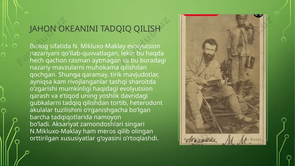 dan jo'nadi. portsmutga (angliya) kelgandan so'ng nikolay mikluxo-maklay oltita chuqurlikdagi tuproq namunalari, 1000 metr (1830 metr) besh millimetrli qo'rg'oshin va ikkita maxsus chuqur dengiz millerga ega bo'ldi. - admiraltydan casella termometrlari. jahon okeanini tadqiq qilish 1871 yil fevral oyida "vityaz" afrikadan janubiy amerikaga sayohat qilganida, tinchlanish davrida n. mikluxo-maklay atlantika okeanining haroratini 1830 metr chuqurlikda o'lchagan birinchi olim bo'ldi. er yuzasida u 27,6 ° c ga teng bo'lganida 3,5 ° c edi. oʻz oʻlchovlariga koʻra, n. mikluxo-maklay tub suvlari doimiy ravishda aylanib turishini, ekvatorial va qutbli suv almashinuvi mavjudligini taklif qildi. hozirgi kunda keng tarqalgan “okean iqlimi” atamasini n.mikluxo-maklay kiritgan bo‘lishi ham mumkin. meteorologiya va vulqonologiya yangi gvineya orolining shimoli-sharqiy qirg'og'iga ekspeditsiya paytida, etnografiya va biologiya bo'yicha katta tadqiqotlaridan tashqari, n.miklouho-maclay kuniga uch marta er usti suvlari harorati va dengiz sathini o'lchagan holda meteorologik kuzatuvlar o'tkazdi. bu tinch okeanining janubiy qismida birinchi aniq gidrometeorologik kuzatuvlar edi! 1876-1877 yillarda maklay sohiliga …