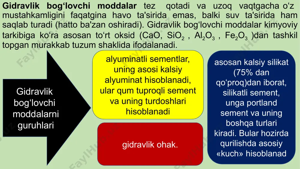 tarqalgan turi β - yarimsuvli gips hisoblanadi. hozirgi paytda ko‘proq mustahkamligi yuqori bo‘lgan α - yarim suvli gips (2caso4∙0,5h2o) ishlab chiqarilmoqda. uning kristallari yirikrok bo‘lib, suvni kam talab qiladi, bundan tashqari β (caso4∙0,5h2o) ga nisbatan mustahkamligi va zichligi yuqori. gipsli bog‘lovchi moddalarning issiqliq ishlovi haroratiga ko‘ra guruhlari past haroratda kuydirilgan (faqat gipsli) quyi haroratda (110- 180 0s) kuydiriladi va asosan yarim suvli gipsdan iborat bo‘ladi, u tez qotadi yuqori haroratda kuydirilgan (angidritli), u sekin qotadi. past haroratda kuydirilgan gips qurilish gipsi mustah kamligi yuqori bo‘lgan gips qolipli tibbiy gips yuqori darajada kuydirilgan gips olish uchun gipstosh yuqori haroratda (600-9000s) kuydiriladi. u asosan suvsiz gips (angidrid)dan iborat bo‘lib, sekin qotishi bilan farqlanadi. ularga angidrid bog‘lovchi va yuqori haroratda kuydirilgan gips (estrix gips) kiradi. quyi haroratda kuydirilgan moddalar, shu jumladan asosan qurilish gipsi ko‘proq ishlab chiqariladi. qurilish gipsi - bog‘lovchi modda tarkibi 𝝱-yarim suvli gipsdan iborat. uni tabiiy gipstoshni kuydirib mayda kukun …