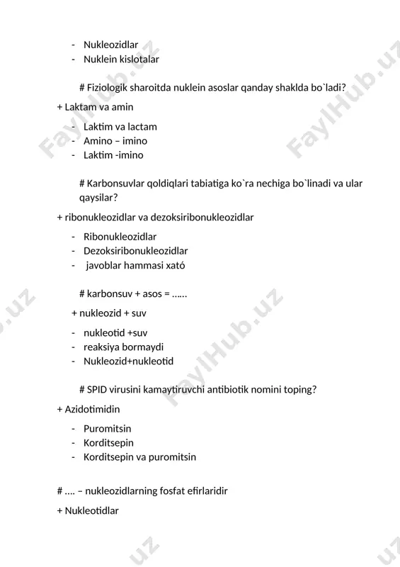 · kofaktordan · gepofermentdan · getroferment # murakkab fermentlar oqsil bo’lmagan qismi nimadan iborat? + kofaktordan · gipofermentdan · apofermentdan · termoferment # apoferment va kofaktor birikishi faol fermentni hosil qiladi va u nima deyiladi? + xoloferment · gepoferment · tirmoferment · fosfoferment # kofaktorlar qanday moddalar? +termostabil · stabil · termostabil · stabilsiz · termos # murakkab fermentlarning faol markaziga nima deyiladi? + kofaktor · ferment · gipoferment · peroferment # kofaktorlar appoferment bilan birikishiga qarab nechi guruhga bo’linadi? + 2 - 4 - 3 - 1 # ….- bunda kofaktor apoferment bilan kovalent bog’lanadi? + prostetik guruppa - koferment - metalloferment - gipoferment # vitaminli koferment …. bog’lanadi? + hamma javob to’g’ri · flavinli, tiaminli · biotinli, xinonli · karnitinli #vitamin so’zining ma’nosi? + hayot · darmon · darmon –dori · to’g’ri javob yo’q # kumush kо‘zgu reaksiyasini beradi: + glyukoza - fruktoza - saxaroza - ribuloza # …