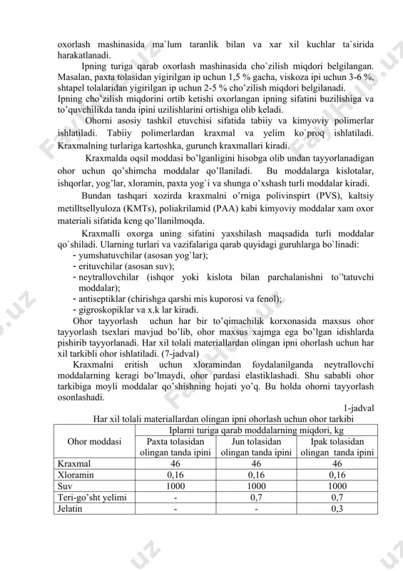 hiqarish qismlari turli tezlikda ishlashidan xosil bo’ladi. ushbu taranglik oxorlangan ipning cho’zilish xususiyatini belgilab beradi. shuning uchun ip oxorlash mashinasida ma`lum taranlik bilan va xar xil kuchlar ta`sirida harakatlanadi. ipning turiga qarab oxorlash mashinasida cho`zilish miqdori belgilangan. masalan, paxta tolasidan yigirilgan ip uchun 1,5 % gacha, viskoza ipi uchun 3-6 %, shtapel tolalaridan yigirilgan ip uchun 2-5 % cho’zilish miqdori belgilanadi. ipning cho’zilish miqdorini ortib ketishi oxorlangan ipning sifatini buzilishiga va to’quvchilikda tanda ipini uzilishlarini ortishiga olib keladi. ohorni asosiy tashkil etuvchisi sifatida tabiiy va kimyoviy polimerlar ishlatiladi. tabiiy polimerlardan kraxmal va yelim ko`proq ishlatiladi. kraxmalning turlariga kartoshka, gurunch kraxmallari kiradi. kraxmalda oqsil moddasi bo’lganligini hisobga olib undan tayyorlanadigan ohor uchun qo’shimcha moddalar qo’llaniladi. bu moddalarga kislotalar, ishqorlar, yog’lar, xloramin, paxta yog`i va shunga o’xshash turli moddalar kiradi. bundan tashqari xozirda kraxmalni o’rniga polivinspirt (pvs), kaltsiy metilltsellyuloza (kmts), poliakrilamid (paa) kabi kimyoviy moddalar xam oxor materiali sifatida keng qo’llanilmoqda. kraxmalli …