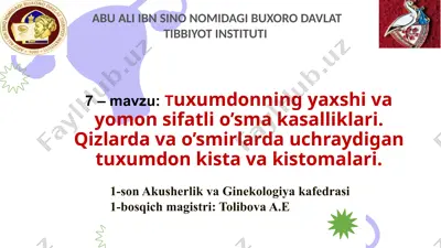 tuxumdonning yaxshi va yomon sifatli o’sma kasalliklari — PPTX