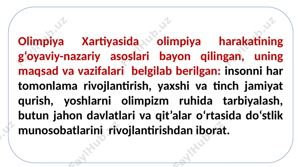 t muddati 4 yil davom etadi. prezident xoq a’zolari tarkibidan saylanadi. olimpiya xartiyasi bo‘yicha xoq prezidenti yashirin ovoz berish asosida 8 yilga va yana bir marta 4 yilga vakolat muddatini uzaytirish imkoniyati bilan saylanadi. prezident maxsus hay’atlar va ishchi guruhlar tuzib, uning yordamida xoq faoliyatining umumiy strategiyasini ishlab chiqadi. xoq prezidentlarining faoliyati. zamonaviy olimpiya harakati tarixining 120 yildan ortiq davrida (1894 - 2024 yy.) xalqaro olimpiya qo‘mitasining prezidenti etib 10 nafar kishi saylangan. xoqning har bir prezidenti o‘z faoliyatini turli tarixiy, siyosiy, ijtimoiy va iqtisodiy sharoitlarda amalga oshirgan. sessiya – federatsiya – konfederatsiya – assotsiyatsiya - uyushma – ijroiya qo‘mita – assambleya – kongres – konferensiya - demetrius vikelas (1835-1908) – xalqaro olimpiya qo‘mitasining birinchi prezidenti. 1894 yil iyunda parijda xalqaro atletika ta’sis kongressida zamonaviy olimpiya harakati muammolari muhokama qilingan sho‘baga rahbarlik qilgan. xalqaro olimpiya qo‘mitasining a’zosi bo‘lgan. i kongressda 1896 yilda i olimpiya o‘yinlarini afinada o‘tkazishni taklif qilgan. olimpiya …