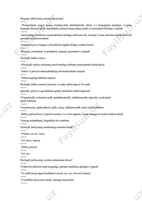 , tarbiya, ma‘lumot olish ++++ o’quv materialini idrok qilishga qaysi manbalardan foydalaniladi? ==== #ko’rsatish, kuzatish, taqqoslash ==== sezgi, idrok, tasavvurlar ==== diqqat, xotira, tafakkur ==== analiz, sintez, abstraktsiya ++++ quyidagilardan qaysilari o’quv materialini anglashga yordam beradi? ==== #tafakkur jarayonlari (analiz, sintez, taqqoslash, abstraktsiya, induktiv, va diduktiv xulosalar chiqarish) ==== sezgi, idrok, tasavvurlar ==== ko’rsatish, kuzatish, amaliy ishlar ==== laboratoriya ishlari, turlari, tajribalar ++++ ta‘limning ko’rgazmalilik metodlari ifodalangan javobni aniqlang. ==== # illustratsiya va demonstratsiya ==== hikoya, darslik va kitoblar bilan ishlash ==== kuzatish, namoyish qilish, ekskursiya ==== reproduktiv metod ++++ o’quv dasturida nimalar aksini topgan bo’ladi? ==== #o’quv yili davomida har qaysi sinfda alohida predmetlar bo’yicha o’quvchilarga beriladigan ilmiy bilim ko’nikma va malakalarning hajmi belgilab beriladigan, o’quv rejasi asoslanib tuziladigan hujjat har bir sinfda o’qitiladigan o’quv predmetlar soni ==== o’quv rejasining kengaytirilgan tahlili ==== ma‘lum predmet yuzasidan o’quvchi o’zlashtirishi lozim bo’lgan bilim, ko’nikma va malakalar ta‘riflangan o’quv qo’llanmasi ++++ sinfdan …