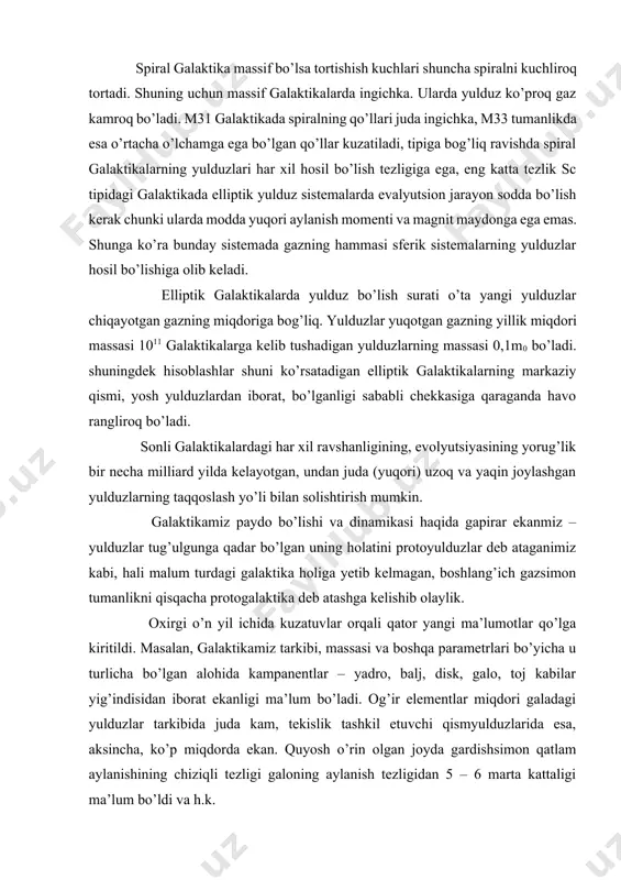 kamiz evolyutsiaysi va dinamikasini o’rganishda nazariy tatqiqotlar mihim rol o’ynaydi. sababi shundaki, uning tarkibiy qismlarida yirik masshtabda biror dinamik jarayon sodir bo’lishi uchun eng kamida bir necha o’n million yil kerak. amaliy astrofizika yoki boshqa kuzatuv metodlari yordamida bunday jarayonlarini bevosita o’rganishning hech qanday imkoniyati yo’q. lekin, ko’pincha, nazariy tekshirishlar natijasi to’g’ri yoki hato chiqqanini eng oxirida kuzatuvlar bilan solishib aytib berish mumkin. 1-rasm galaktikamiz evolyutsiyasiga bog’liq holatlarini, spiral tarmoqlar muammosini va qator kuzatuv natijalarini tekshirib hal etishda, uning o’zini hamda tashkil etuvchi qismlarning muvozanat va nostatsionar hollaridagi modellarini nazariy ravishda tuzish, har birining dinamikasini va turg’unlik masalasini alohida o’rganish talab qilinadi. bu ilmiy ishlar oxirgi yo’llar mobaynida toshkent davlat universitetining astronomiya kafedrasida ham keng ko’lamda olib borilmoqda. qo’lga kiritilgan muhim natijalardan bazilarini aytib o’tadigan bo’lsak, birinchi o’rinda galaktikamizning turlitashkil etuvchi qismlarining modeli va evolyutsiyasi bosqichi to’g’risida to’xtatib o’tish kerak. umuman olganda, kuzatilayotgan yulduz sistemasining yoki uning nazariy ravishda tuzilgan …